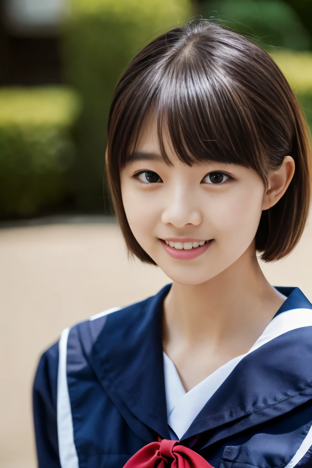 (table top, highest quality:1.2), 8k, official art, RAW photo, black hair、bangedium straight hair、slightly longer bob hair、smile, (sailor suit, serafuku:1.4), beautiful girl, idol face, turn back, navy pleated skirt, school uniform, short sleeve, gardenia, violaces, , classroom, looking at the viewer, no makeup, film grain, chromatic aberration, sharp focus, face light, dynamic lighting, cinematic lighting, detailed face, background bokeh, (dark red bow tie:1,