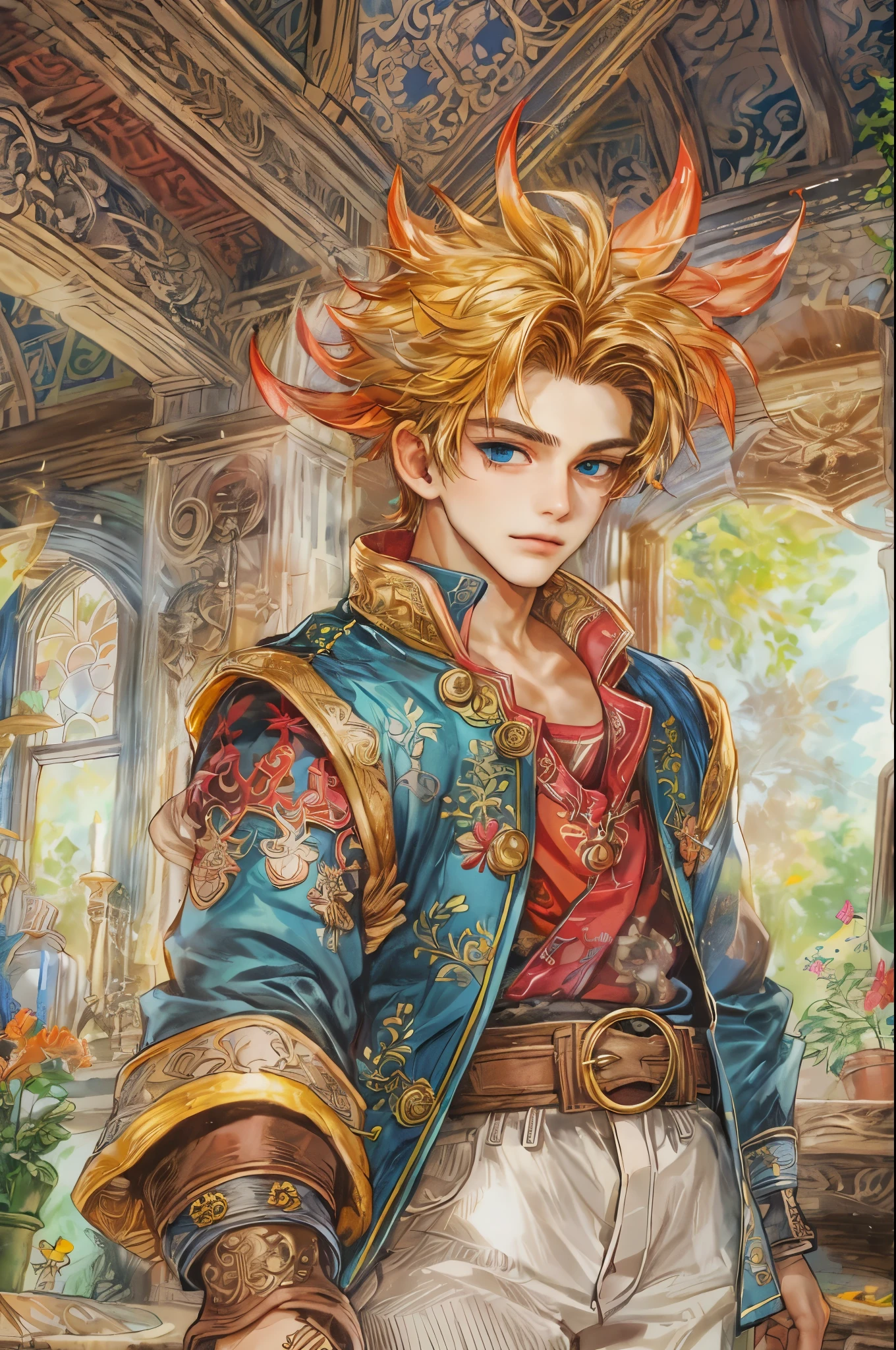 (((Best quality)), ((masterpiece)), (detailed), ((perfect face)), ((halfbody)) handsome face, male, teen boy, perfect proportions , colorful vibe ((character from legend of mana, male version)) wearing head ornament, detailed workshop  interior beside the window and fireplace cozy vibe