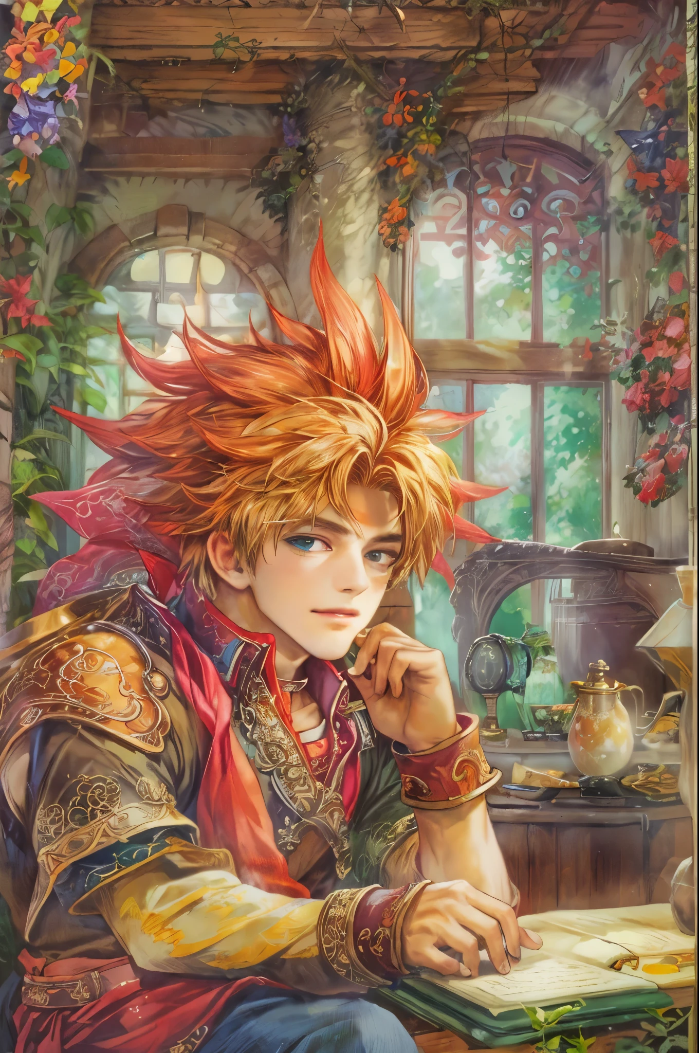 (((Best quality)), ((masterpiece)), (detailed), ((perfect face)), ((halfbody)) handsome face, male, , perfect proportions , colorful vibe ((character from legend of mana, male version)) wearing head ornament, detailed workshop  interior beside the window and fireplace cozy vibe