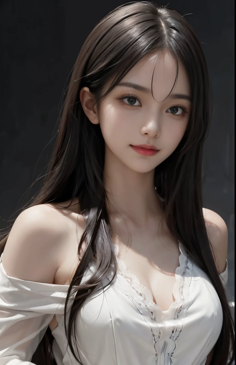 (surreal), (shape), (Improved resolution), (8k), (very detailed), (Best shape), (beautiful and detailed eyes), (highest quality), (Super detailed), (masterpiece ), ( wallpaper), (detailed face), 1 girl, 17 years old, white shawl, lace chest, big breasts, looking at the viewer, small details, detailed face, in the dark, deep shadow, private key, Pure erotic face ace_v1, smile, long hair, black straight hair , 46 point diagonal bangs