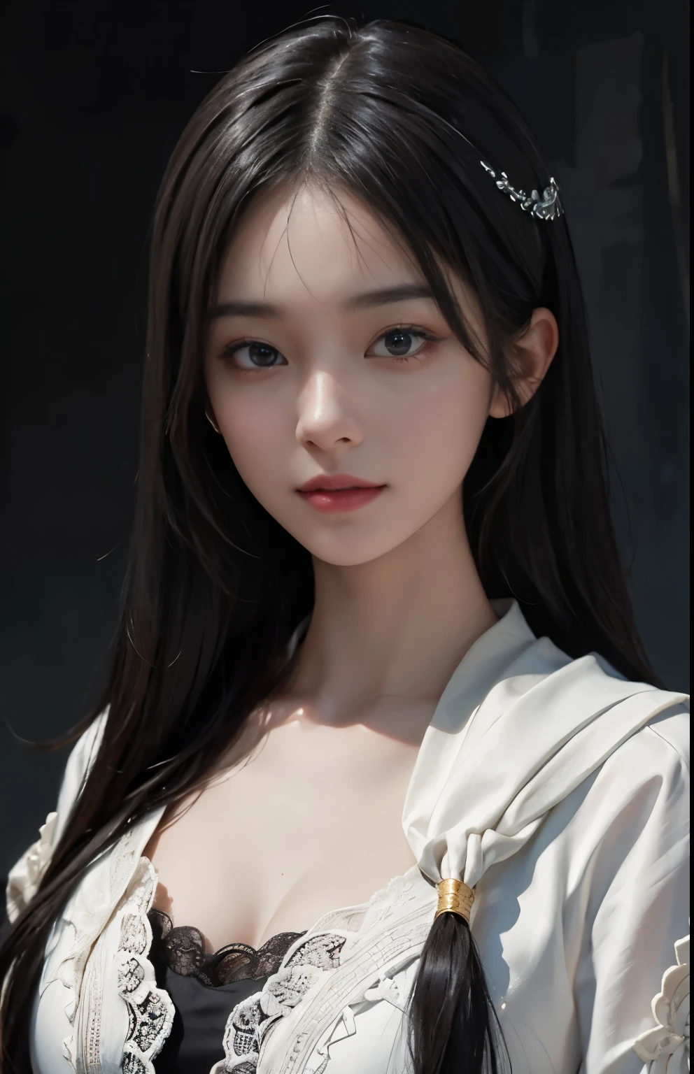 (surreal), (shape), (Improved resolution), (8k), (very detailed), (Best shape), (beautiful and detailed eyes), (highest quality), (Super detailed), (masterpiece ), ( wallpaper), (detailed face), 1 girl, 17 years old, white shawl,  lace chest,  big breasts, looking at the viewer, small details, detailed face, in the dark, deep shadow, private key, Pure erotic face ace_v1, smile, long hair, black straight hair , 46 point diagonal bangs