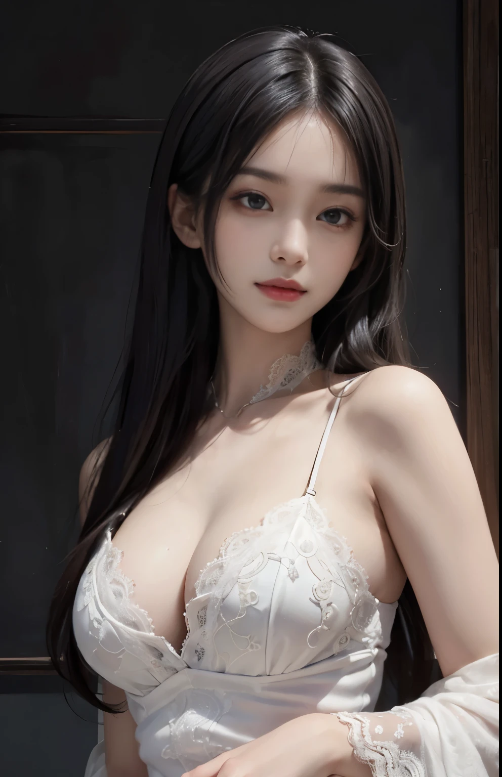 (surreal), (shape), (Improved resolution), (8k), (very detailed), (Best shape), (beautiful and detailed eyes), (highest quality), (Super detailed), (masterpiece ), ( wallpaper), (detailed face), 1 girl, , white shawl,  lace chest,  big breasts, looking at the viewer, small details, detailed face, in the dark, deep shadow, private key, Pure erotic face ace_v1, smile, long hair, black straight hair , 46 point diagonal bangs