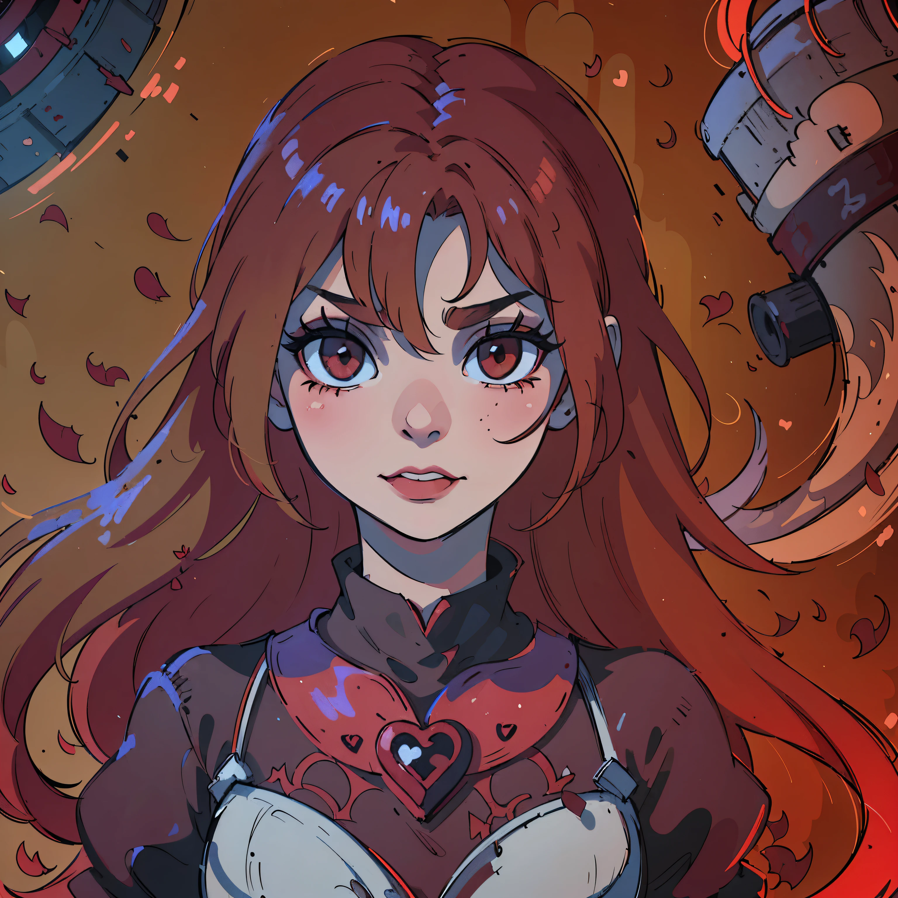 (melhor qualidade,4k,8K,high resolution,obra de arte:1.2),ultra-detalhado,(Realista,photoRealista,photo-Realista:1.37),cabelo vermelho sangue,olhos vermelhos de sangue,olhos e rosto extremamente detalhados,pele mais clara, Dentes detalhados,cores vivas,sombras escuras,dramatic lighting,Gothic,Horror,retrato,cabelo muito ruivo,lindo nariz,sorriso, Do not change the hair bangs,batom vermelho, sorriso with beautiful teeth, drawing of a heart symbol painted in red on the right cheek, Lindas sobrancelhas