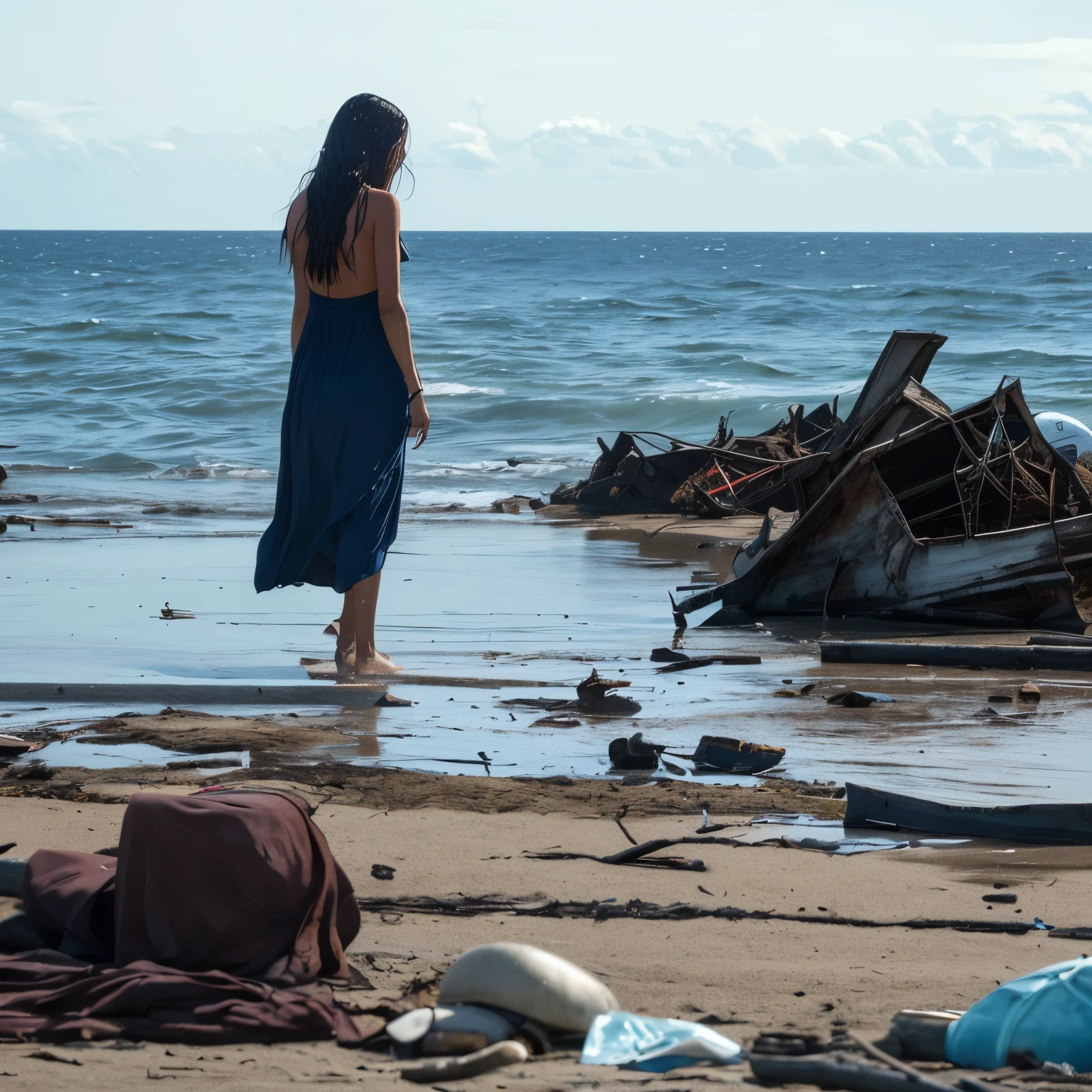 Setting is the shore of a beach, Ship wrecked debris is scattered around. A woman lays unconscious, and wet just at the waters edge. Her long dark hair messy covering most her face, dress torn and dirty.