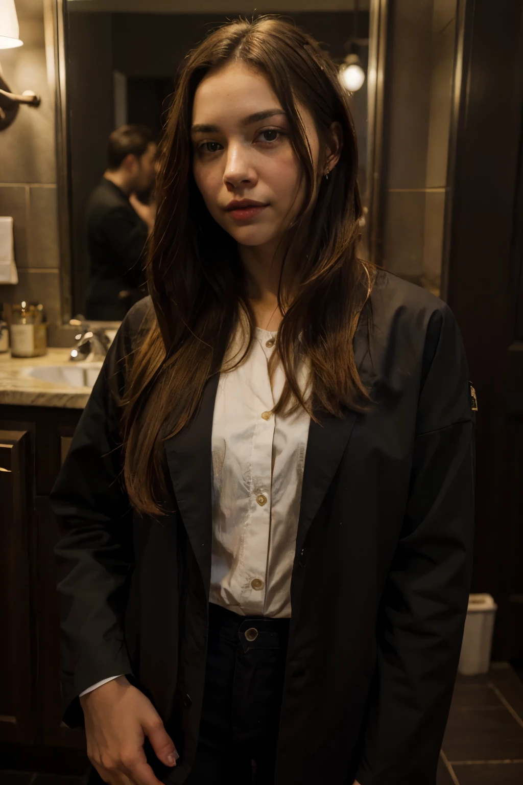 Sobre la noche estrellada de Vicent van gogh hay una chica morena con cabello largo color negro y ojos grandes vestida de blanco y rojo