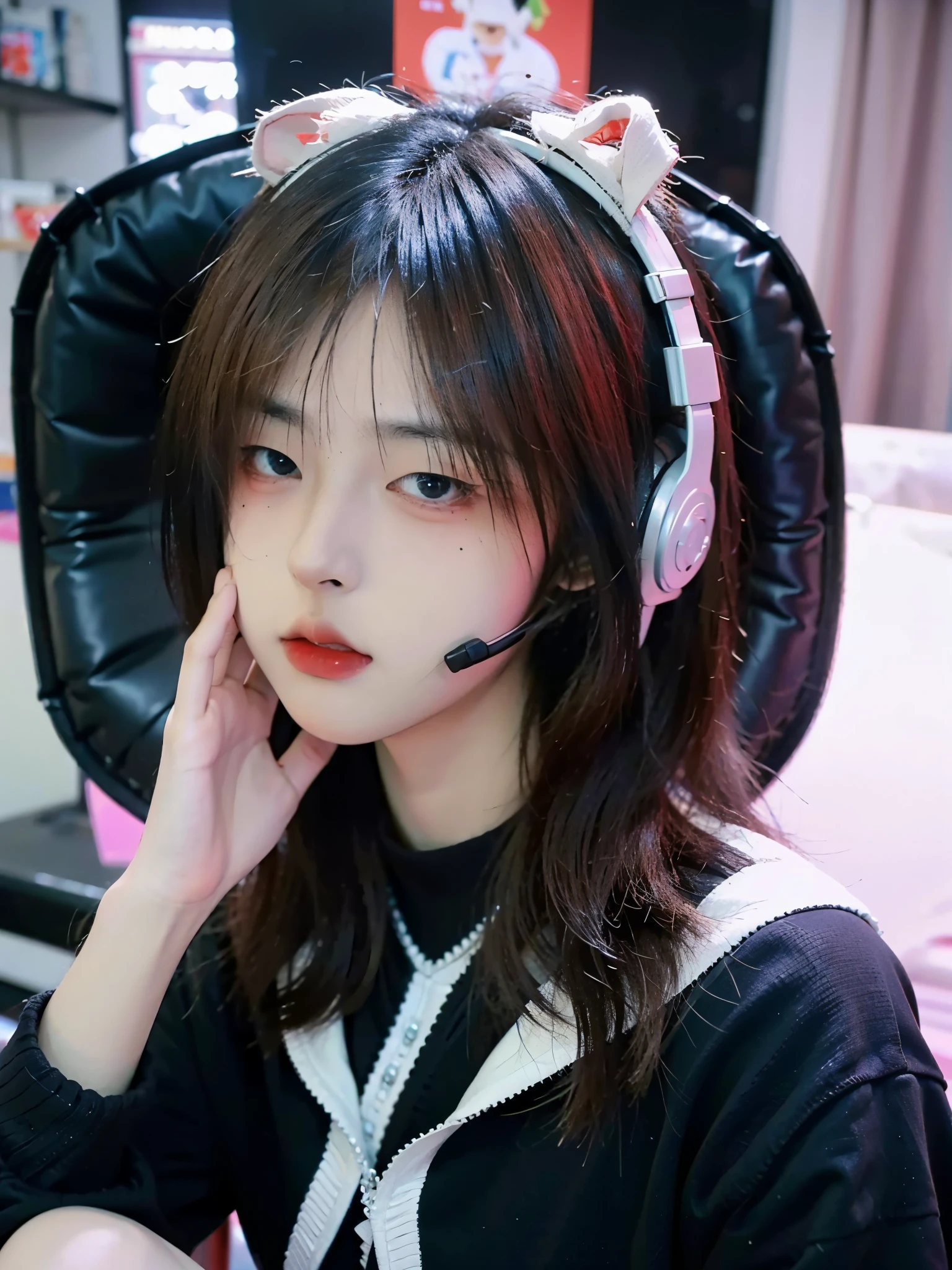 (8k, RAW photo:1.2)detailed face and eyes,最high quality, 超A high resolution, very detailed ,intricate details、in the room, wearing headset gaming, gaming outfit, sit in the gaming chair