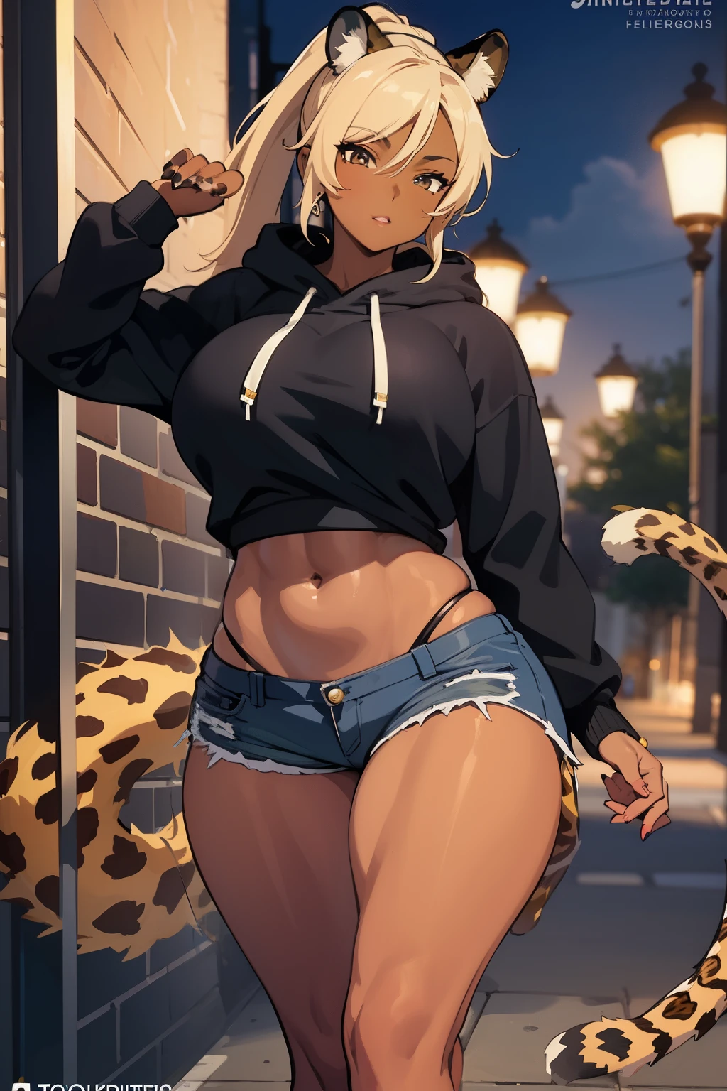 Masterpiece, PFP, trending on artstation, 8k, (intricate details1:1), 1girl, dark skin, milf, mature woman, thick legs, wearing a shorts and a big hoodie, muscular body, tanned skin, blonde hair, ponytail, leopard ears and tail, 1tail, hybrid human, leopard legs, animal paws, felidae, SFW, facing viewer, animal features,