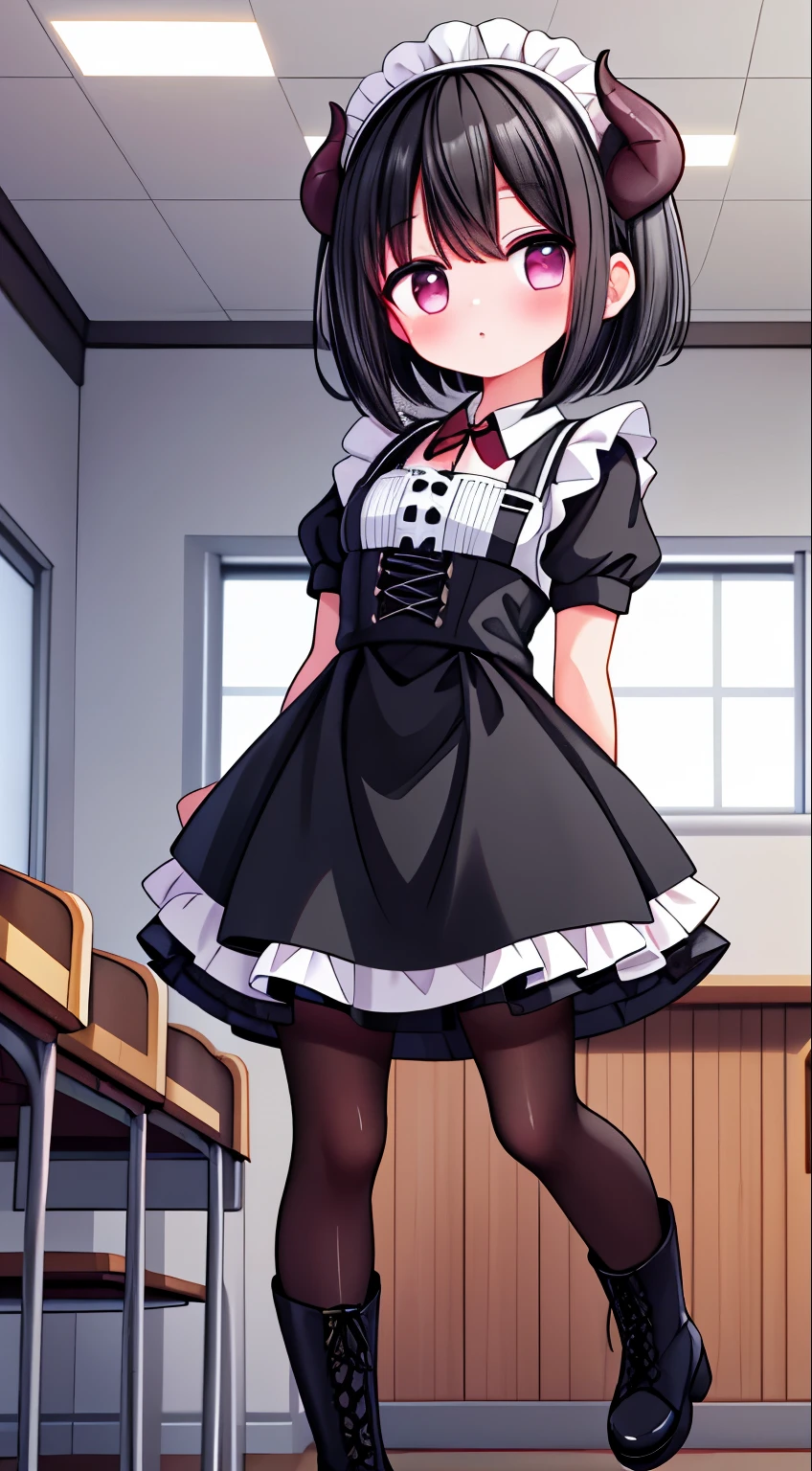 girl，short black hair，maid outfit，Black lace-up boots，white pantyhose，blush shy，classroom scene，demon