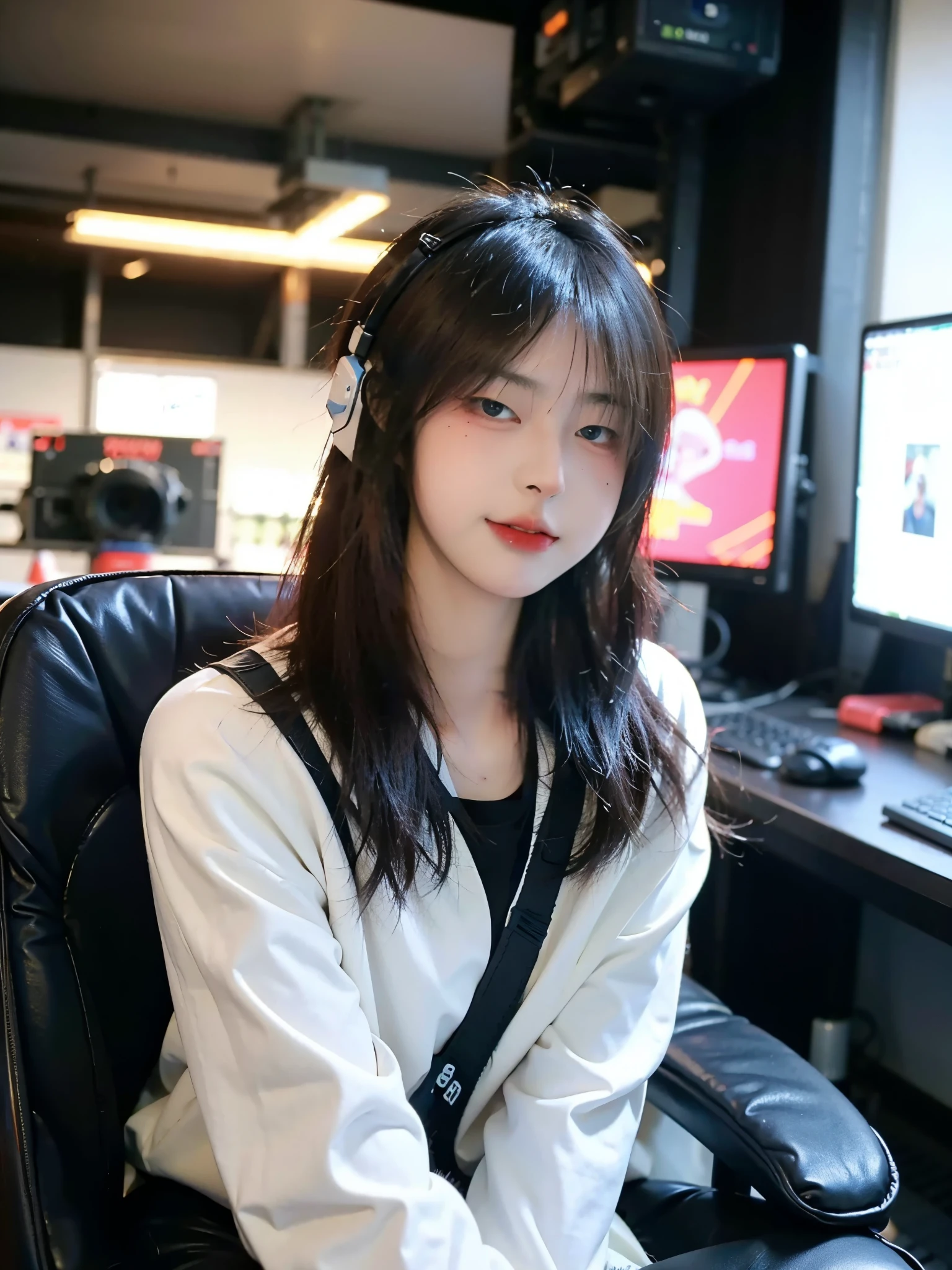 (8k, RAW photo:1.2)detailed face and eyes,最high quality, 超A high resolution, very detailed ,intricate details、in the room, wearing headset gaming, gaming outfit, sit in the gaming chair, smile