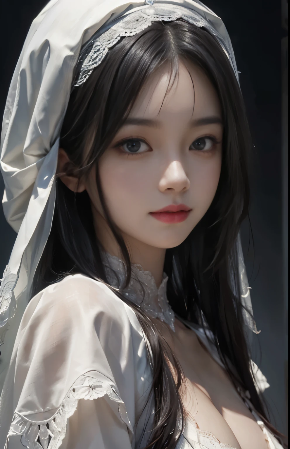 (surreal), (shape), (Improved resolution), (8k), (very detailed), (Best shape), (beautiful and detailed eyes), (highest quality), (Super detailed), (masterpiece ), ( wallpaper), (detailed face), 1 girl, 17 years old, white shawl,  lace chest,  big breasts, looking at the viewer, small details, detailed face, in the dark, deep shadow, private key, Pure erotic face ace_v1, smile, long hair, black straight hair , 46 point diagonal bangs