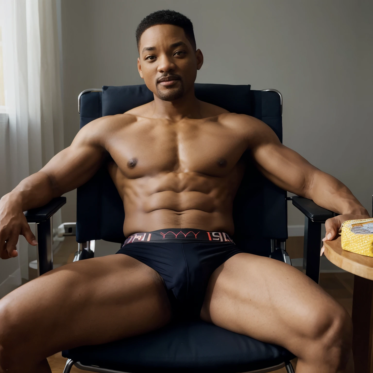 Will Smith sitting in foldable chair wearing designer boxer briefs