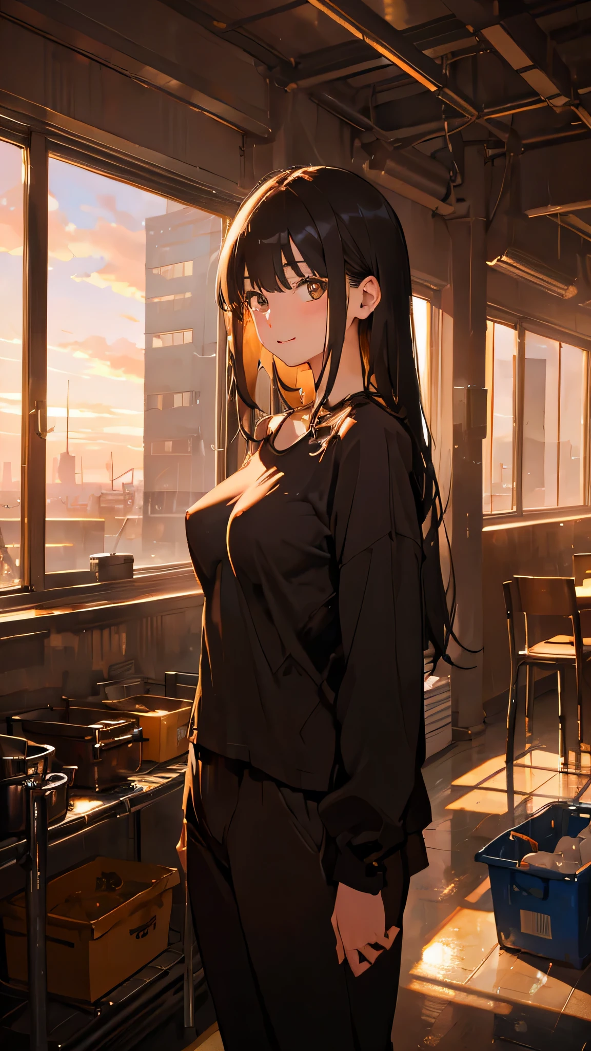 masterpiece, highest quality, (attractive woman), 28 years old, medium length hair, straight hair, bangs, model, big breasts, brown eyes, Happy, black pajamas, indoor, sunset, erect nipples