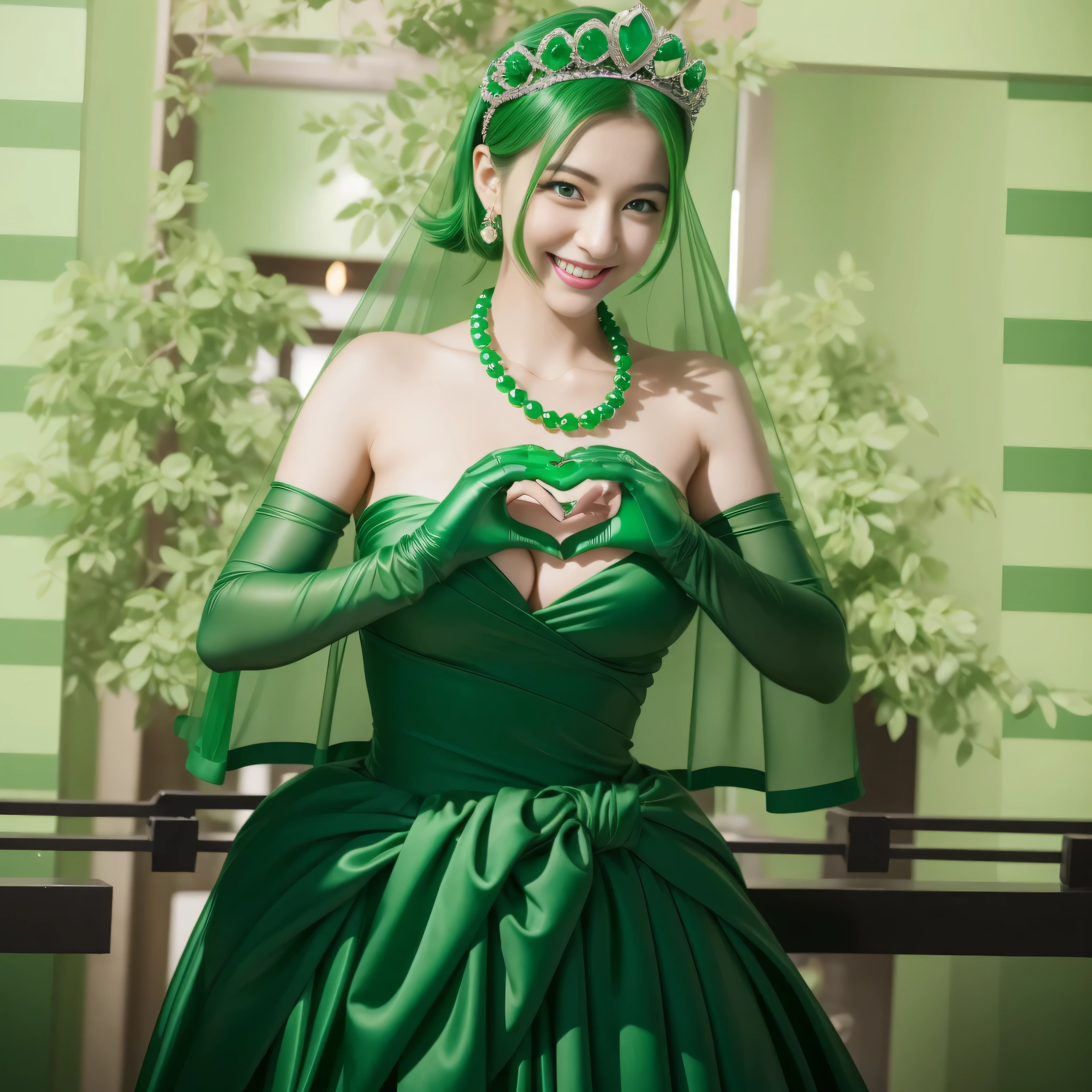 emerald tiara, Green Pearl Necklace, ボーイッシュな非常に短いgreen hair, green lips, Smiling Japan woman in her 30s, very short hair, Beautiful woman with big breasts, green eyes, green satin long gloves, green eyes, emerald earrings, Green veil, Heart with both hands, green hair, beautiful japanese woman, heart shaped hands:1.3, green lip gloss