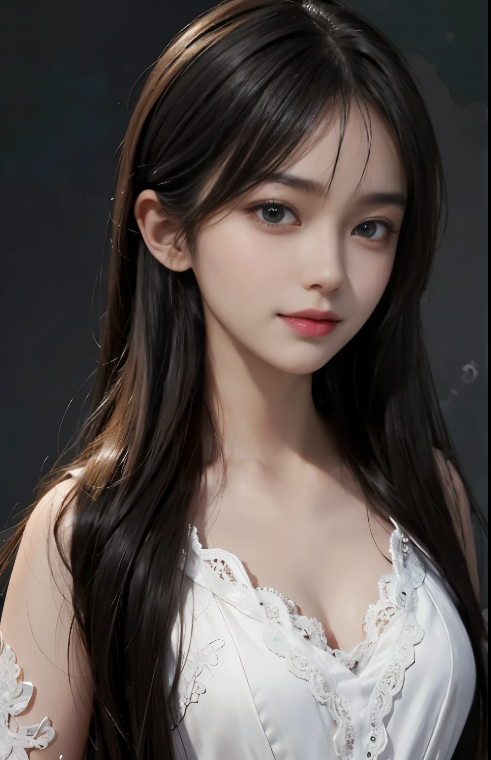 (surreal), (shape), (Improved resolution), (8k), (very detailed), (Best shape), (beautiful and detailed eyes), (highest quality), (Super detailed), (masterpiece ), ( wallpaper), (detailed face), 1 girl, 17 years old, white shawl,  lace chest,  big breasts, looking at the viewer, small details, detailed face, in the dark, deep shadow, private key, Pure erotic face ace_v1, smile, long hair, black straight hair , 46 point diagonal bangs