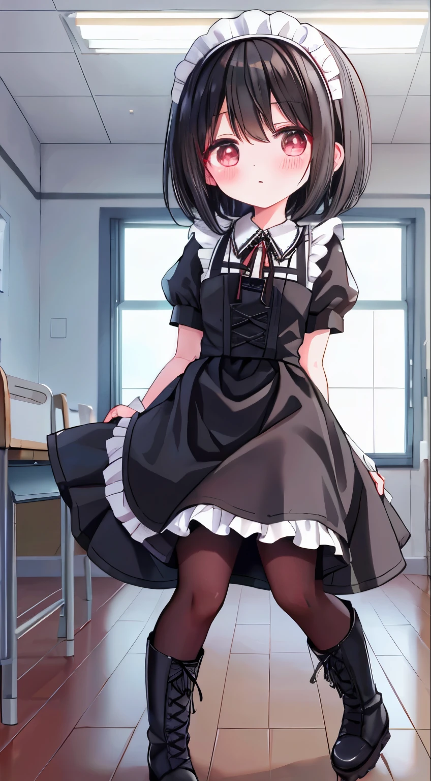 Black lace-up boots，white pantyhose，blush害羞，classroom scene，girl，short black hair，((absurd)), ((on the table)), (best quality), (lens flare), (Super detailed), (beautiful), ((cute girl)), alone, beautiful face, White skin, on the table, (10 years old: 1.3), , 、A girl goes to the toilet、 permanent, is crying, close her eyes, tears flow from eyes, Embarrassment comes from, blush), (girl is peeing: 1.2),, look away, sitting, Awkward, blush, The mouth opens slightly, classroom (girl leaking urine): 1.5)
