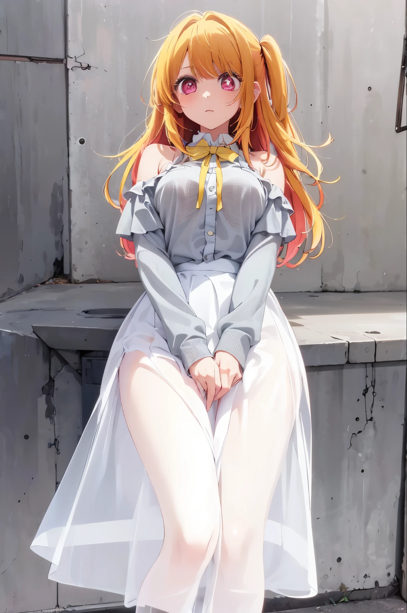Ruby Hoshino、Ruby Hoshino、(yellow hair:1.5)、long hair、one side up、(pink eyes:1.5)、side lock、(Star-shaped eyes:1.5)、(symbol-shaped pupil:1.5)、(Unmatched pupils:1.5)、Anime - style image of a woman in a dress sitting on a bench, Cute anime wife in a nice dress, anime goddess, blonde long hair anime girl,  in a dress, beautiful anime girl, long hair anime girl, seductive anime girl, attractive anime girl, cute anime girl, Beautiful charming anime teen, cute girl anime visual