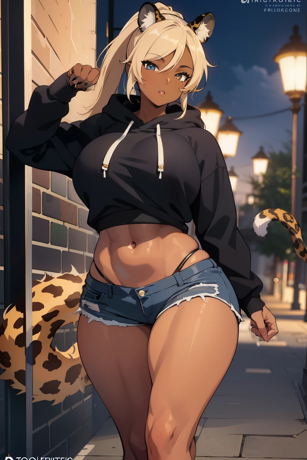 FOCUS ON FACE, DETAILED FACE, DETAILED EYES, Masterpiece, PFP, trending on artstation, 8k, (intricate details1:1), 1girl, dark skin, milf, mature woman, thick legs, wearing a shorts and a big hoodie, muscular body, tanned skin, blonde hair, ponytail, leopard ears and tail, 1tail, hybrid human, leopard legs, animal paws, felidae, SFW, facing viewer, animal features,