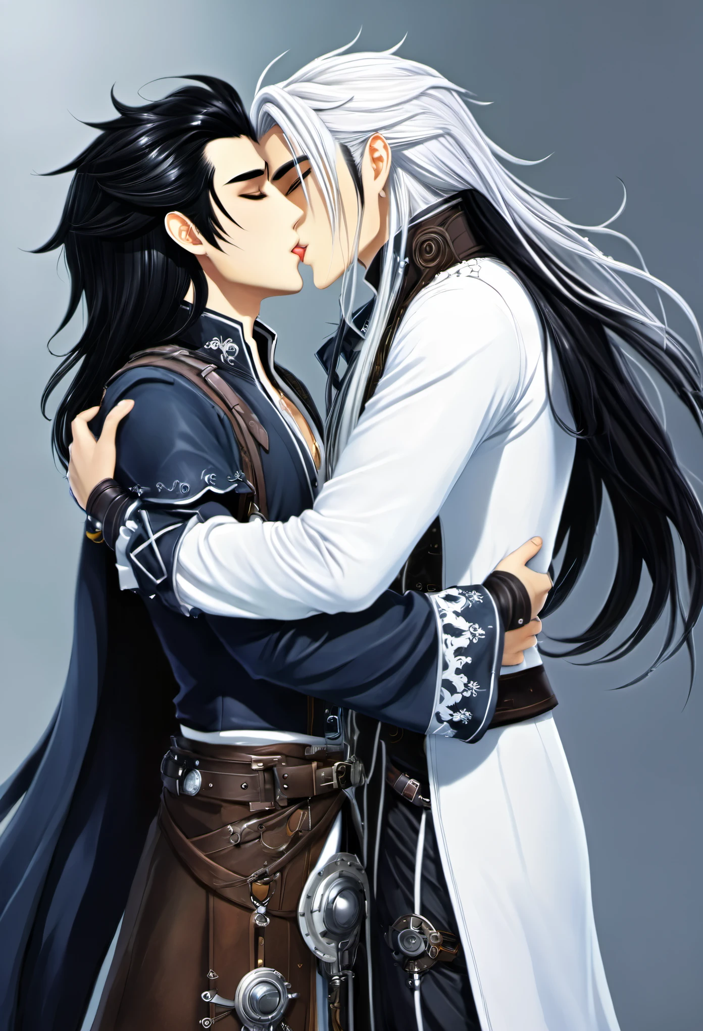 standing hugging Stunning 25 year old anime male, long white/black hair (best quality, 32k, highres, masterpiece:1.2), ultra-detailed, realistic:1.37, wearing steampunk druid robes gothic, 2 handsome 25 year old boys, long white/black hair holding each other, almost kissing, these two boys are in love, They are in love, love, anime character, loving kiss lovers, Mysterious"