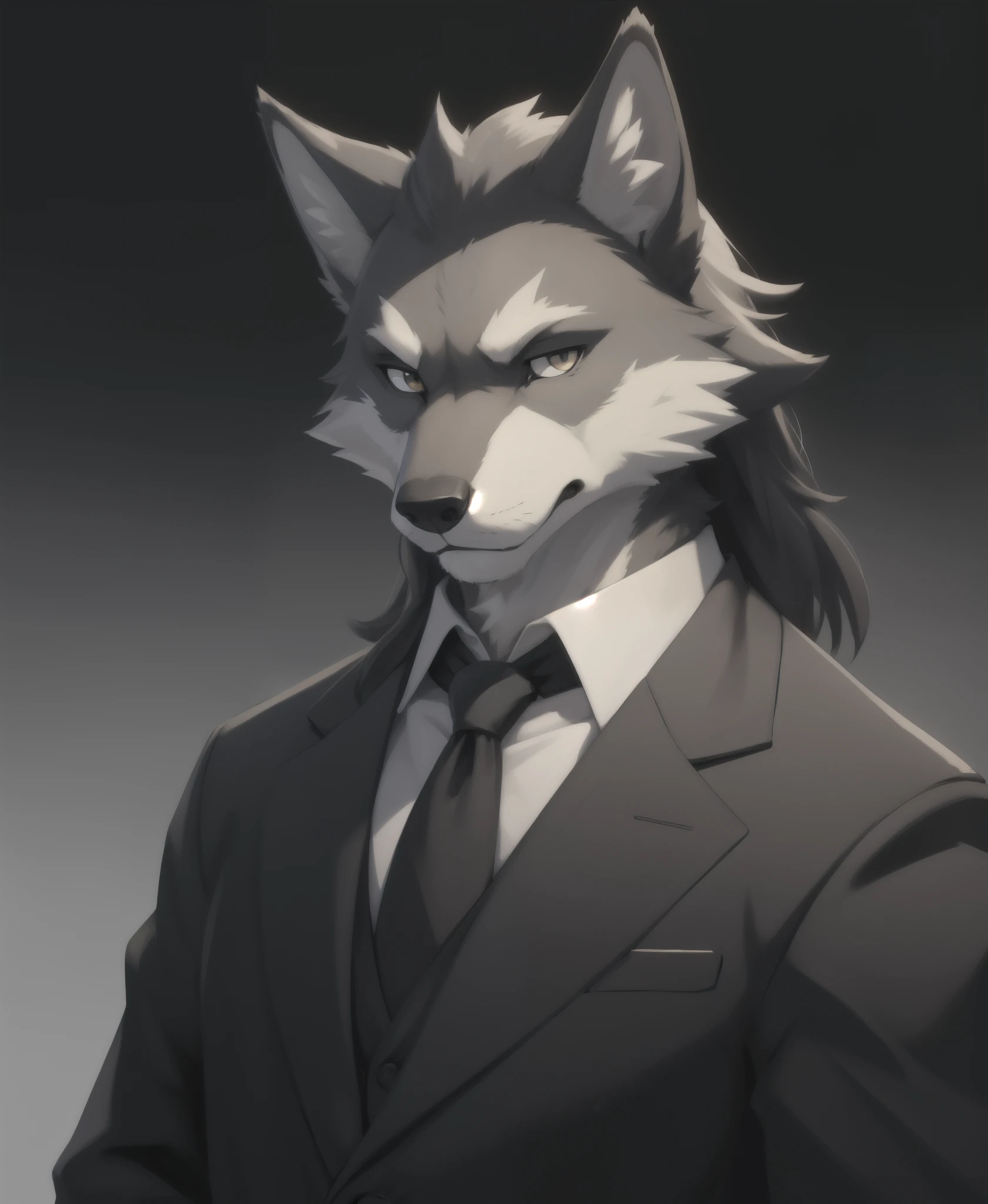 (best quality,ultra-detailed,realistic:1.37),grey wolf in a suit and overcoat,serious expression,gazing at the viewer,anime style,detailed grey wolf,fully grey fur,monochromatic color,grey,serious demeanor