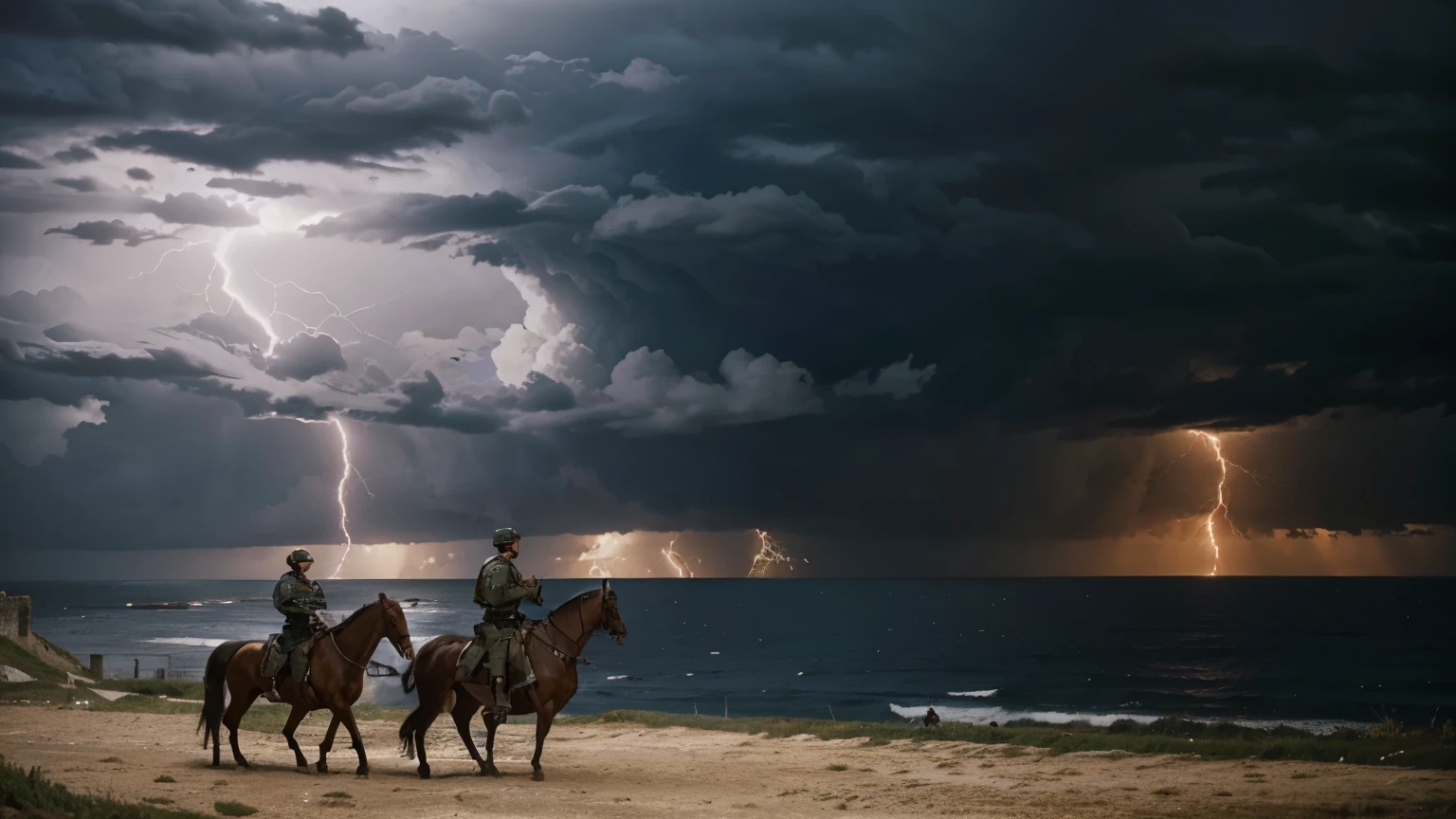 Medieval castle looking out at the ocean. Soldier is riding his horse. Both soldier and horse are in full battle uniform. Weather is stormy, lightning in the sky. Extremely realistic. cinematic.