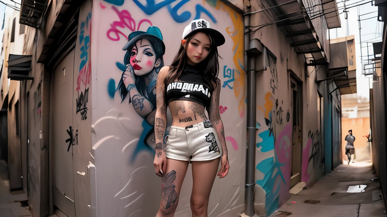 Woman in the alley behind the house、(detailed tattoo) (very detailed)、(8k)、((hip hop fashion))、(graffiti wall)、(full body esbian)、(face with details too detailed) (Fine feet)、(Fine hands)、(Cold face)、(Cross down)