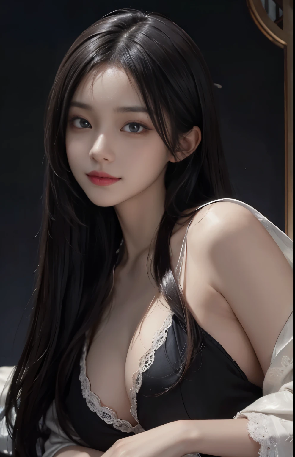 (surreal), (shape), (Improved resolution), (8k), (very detailed), (Best shape), (beautiful and detailed eyes), (highest quality), (Super detailed), (masterpiece ), ( wallpaper), (detailed face), 1 girl, , white shawl, lace chest, big breasts, looking at the viewer, small details, detailed face, in the dark, deep shadow, private key, Pure erotic face ace_v1, smile, long hair, black straight hair , 46 point diagonal bangs
