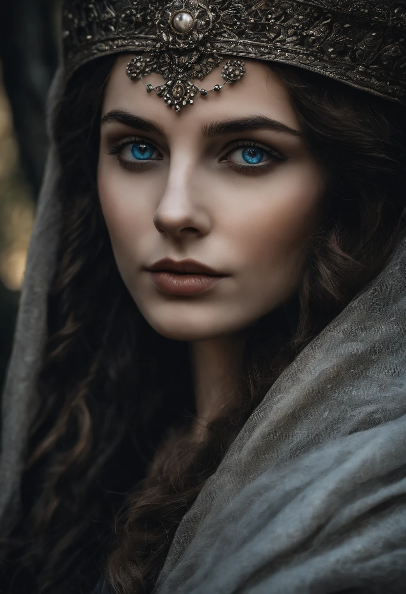 Beautiful detailed eyes, beautiful detailed lips, black hair, pale skin, and blue grayish eyes. The subject of the painting is the upper body of a girl in a medieval gothic style. The focus is on the extremely detailed portrayal of her eyes and lips. The girl has long black hair cascading over her shoulders, framing her delicate features. Her skin is pale and flawless, accentuating the vividness of her blue grayish eyes. The eyes are mesmerizing, with intricate details, capturing the depth and light within. The lips are equally captivating, with every curve and shade meticulously crafted. The painting is high-resolution, allowing for the finest details to be seen. The realistic style enhances the lifelike quality of the artwork. The overall color palette is characterized by a mix of dark and muted tones, adding to the medieval gothic atmosphere. The lighting is soft and diffused, casting subtle shadows that accentuate the contours of the girl's face. The image quality is of the highest standard, showcasing every stroke and texture. This masterpiece captures the essence of beauty and artistry, inviting viewers into a world of enchantment and fascination. The girl is a succubus with thick horns in her head.