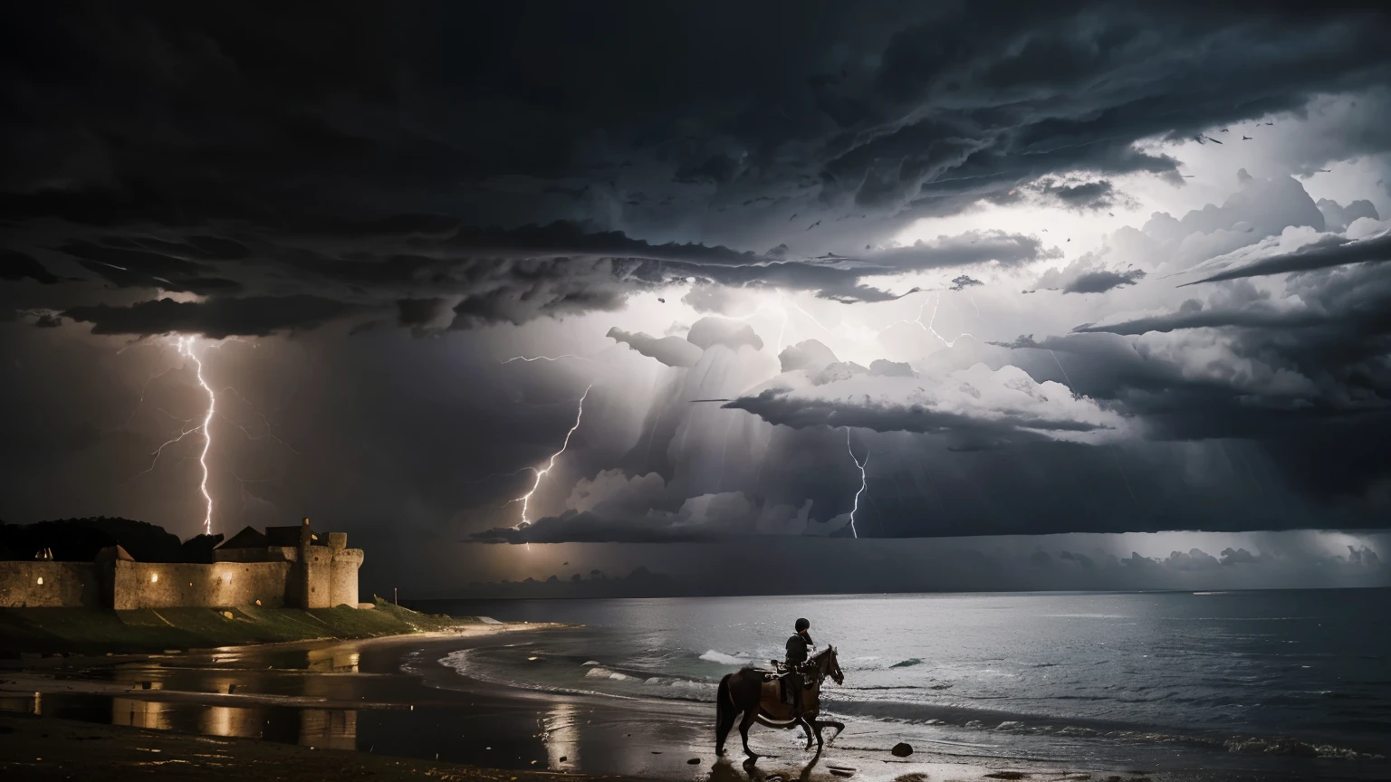 Medieval castle looking out at the ocean. Soldier is riding his horse. Both soldier and horse are in full battle uniform. Weather is stormy, lightning in the sky. Extremely realistic. cinematic.