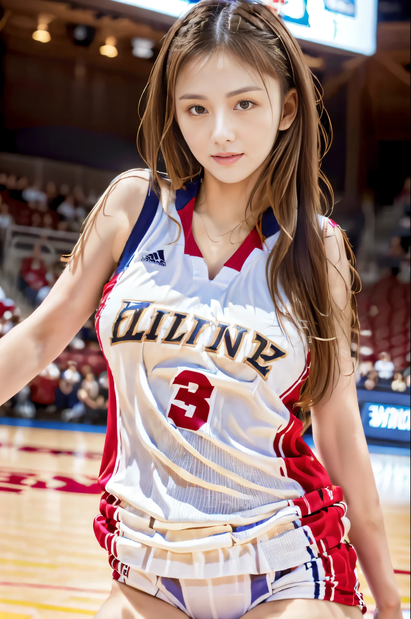 woman playing basketball,long hair,adult、huge breasts, look directly into the camera, tight waist,eight-headed body,Wearing a top and bottom basketball uniform