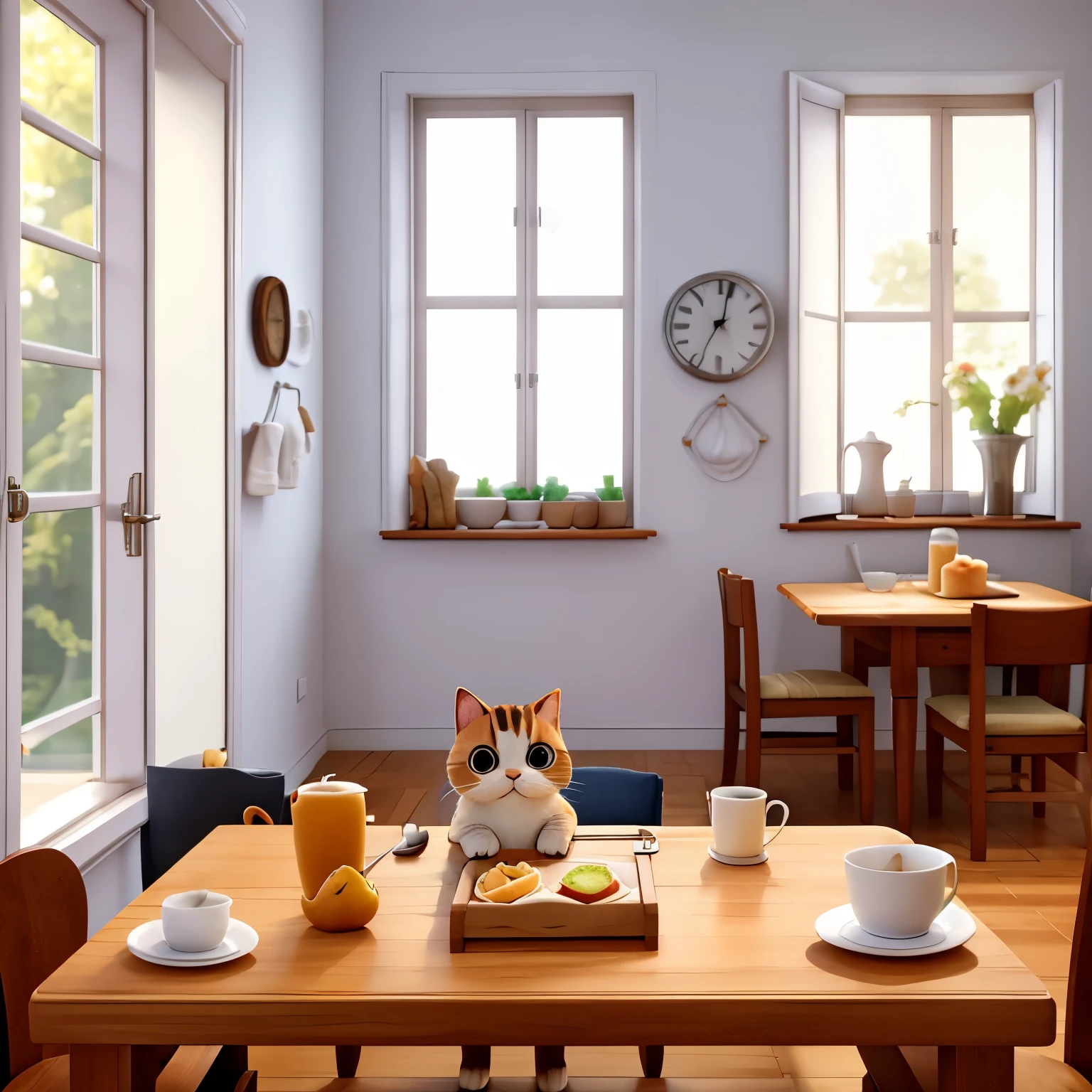A cat sitting at the dining table eating breakfast，The morning sunlight shines into the house through the white windows，One hand holding a cup and drinking milk，Bread and fruit are waiting on the dining table，The clock on the wall says 7 o&#39;clock in the morning，The layout of the house is Nordic style。