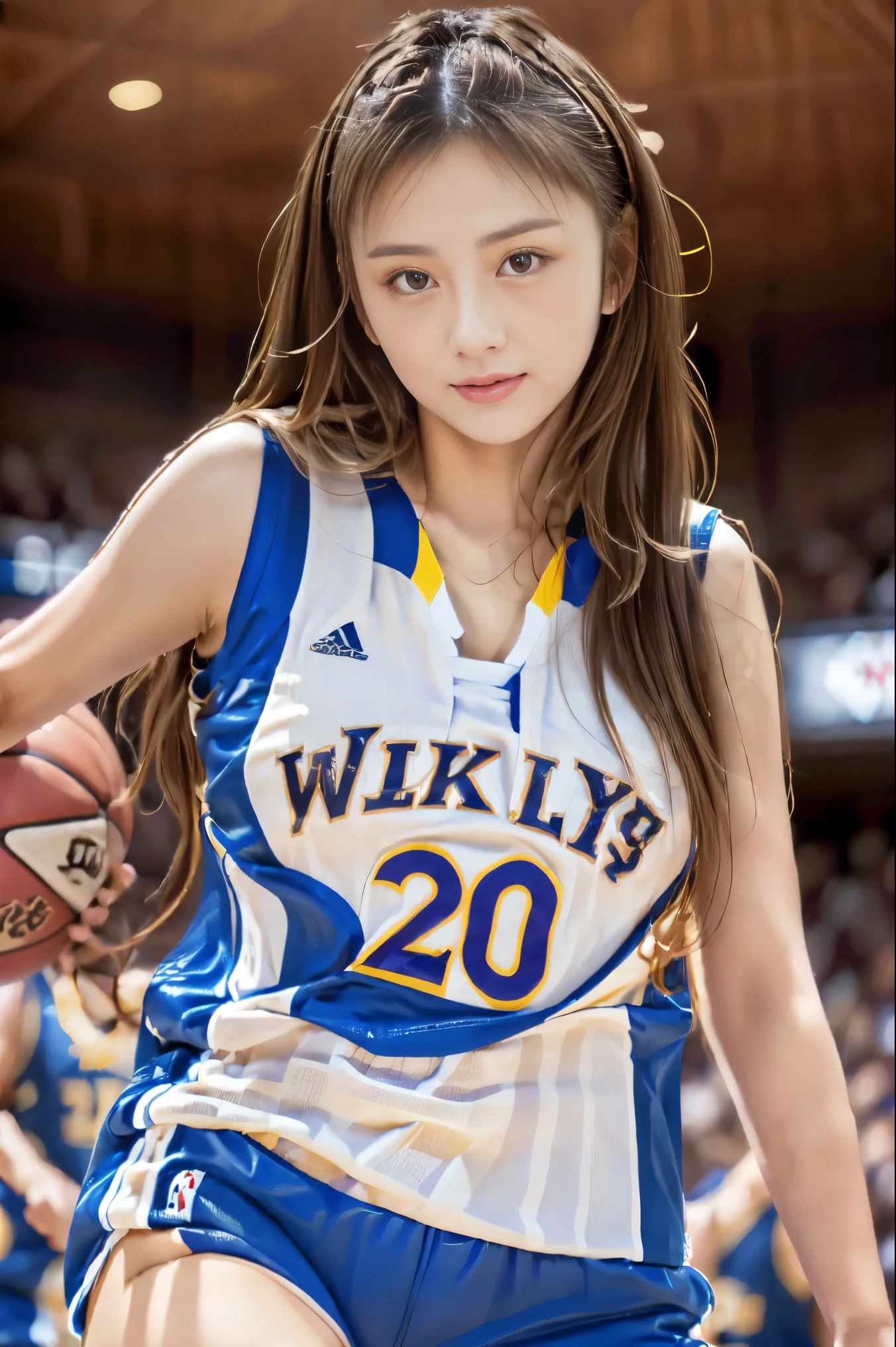 woman playing basketball,long hair,adult、huge breasts, look directly into the camera, tight waist,eight-headed body,Wearing a top and bottom basketball uniform