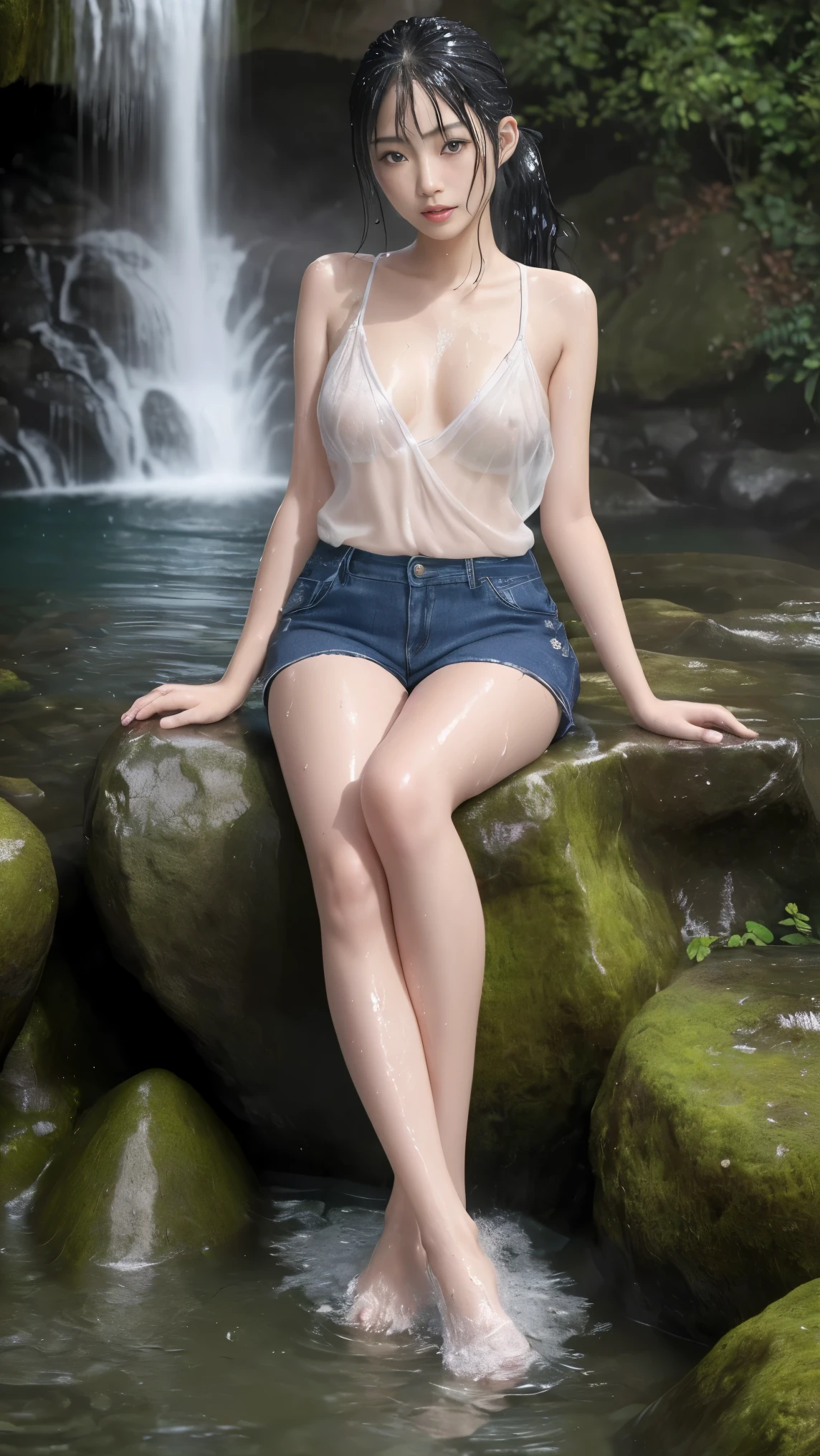 最high quality、high quality、best image quality、8k、最High resolution、High resolution、最high quality、masterpiece、RAW photo、whole body写真、Realistic human body in every detail、Realistic skin in every detail、Realistic face in every detail、Realistic eyes down to the details、Realistic lips in every detail、Realistic teeth in every detail、Realistic ears down to the last detail、Realistic hair down to the last detail、Realistic arms down to the last detail、Realistic reproduction of every detail、Realistic fingers in every detail、(fine hands、thumb1reference4)、Realistic feet in every detail、Realistic feet in every detail、Realistic breasts down to the last detail、((beautiful japanese girl))、(japanese model), (japanese woman)、((18 year old beautiful girl))、(black hair)、(straight hair)、(ponytail)、((whole body))、((beautiful upturned chest))、(stylish slim style)、(whole body光沢肌、Fair skin)、Detailed and realistic human body、detailed realistic skin、detailed realistic face、detailed realistic arms、detailed realistic fingers、Detailed realistic feet、detailed realistic breasts、soft natural light、jungle with waterfall、waterfalls of different heights、big waterfall、waterfall with force of water、((Sit on a rock in front of the waterfall(バックにbig waterfallが見える))、((It gets wet and see-through(shorts))、((bathe in waterfall water(Soaked skin from head to toe))、((Water dripping from the skin))、((shortsが濡れて肌に張り付く))、((shortsの上からでも体のラインがはっきりわかります))、((shortsから滴る水))、angle from below