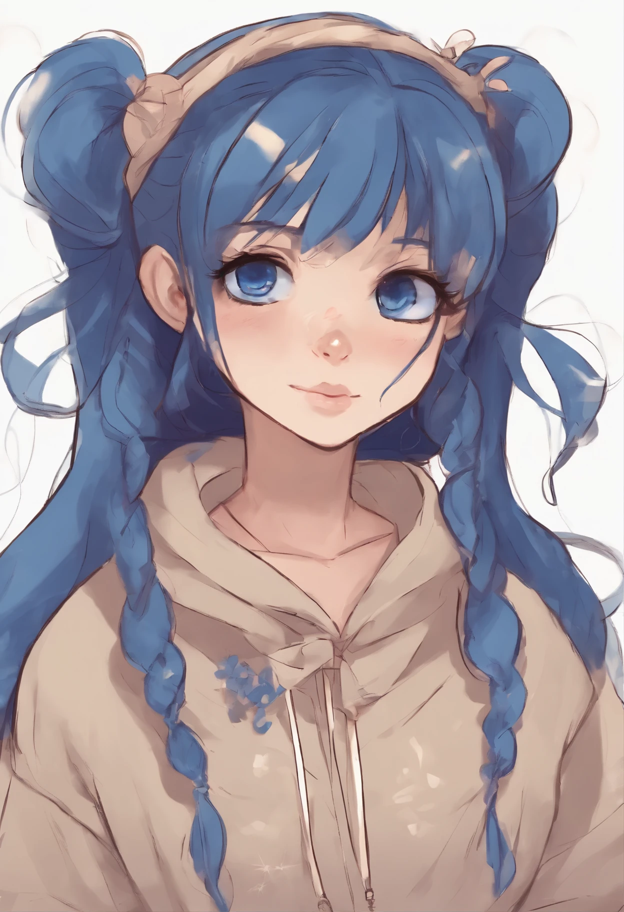 marinette blue eyes dark blue hair tied in two pigtails cute face 17 years old wearing beige hoodie 