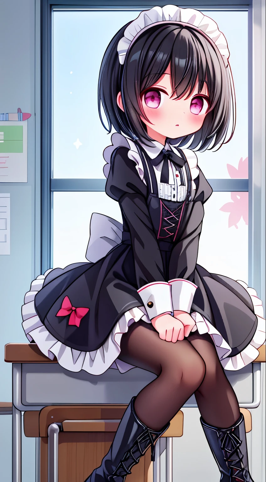 loli，short black hair，maid outfit，Black lace-up boots，white pantyhose，blush shy，classroom scene，demon