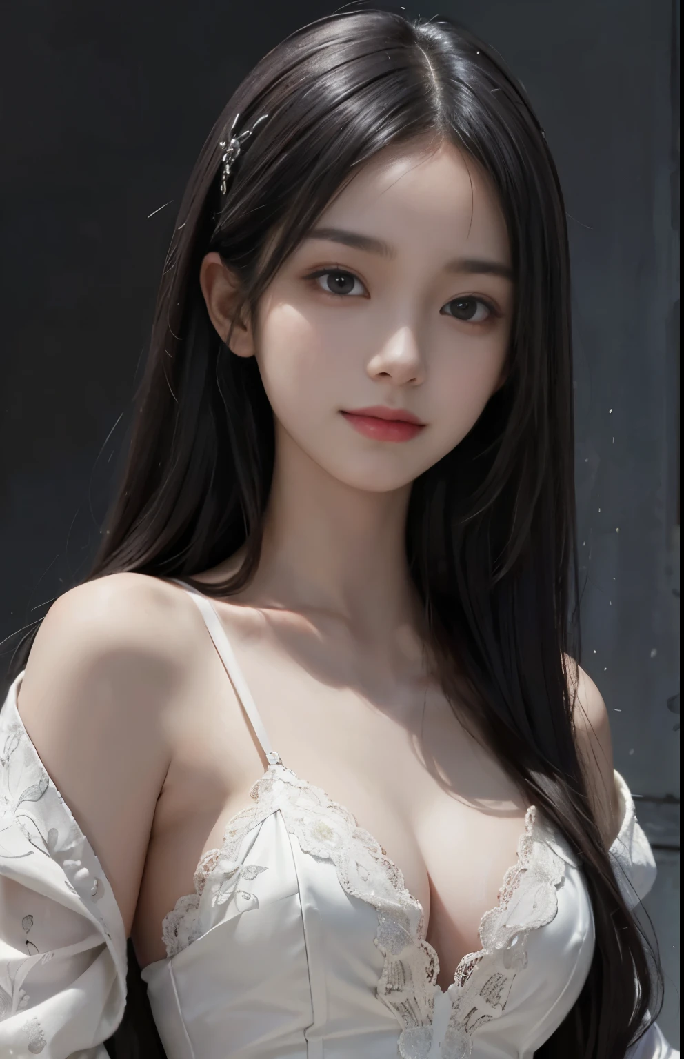 (surreal), (shape), (Improved resolution), (8k), (very detailed), (Best shape), (beautiful and detailed eyes), (highest quality), (Super detailed), (masterpiece ), ( wallpaper), (detailed face), 1 girl, , white shawl, lace chest, big breasts, looking at the viewer, small details, detailed face, in the dark, deep shadow, private key, Pure erotic face ace_v1, smile, long hair, black straight hair , 46 point diagonal bangs
