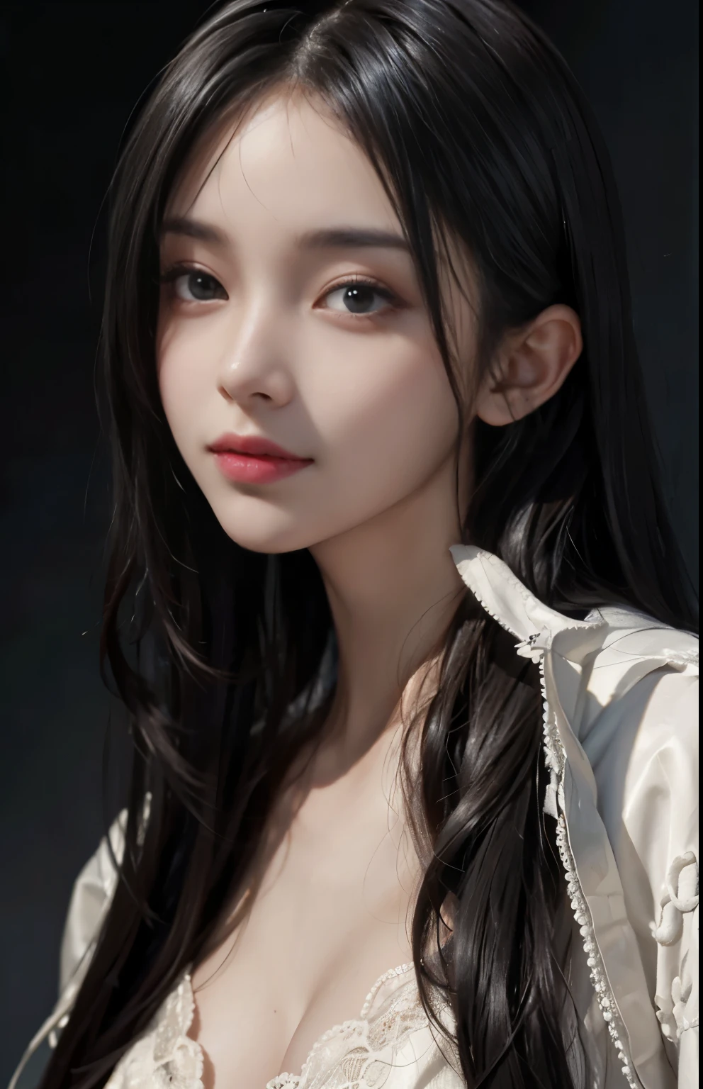 (surreal), (shape), (Improved resolution), (8k), (very detailed), (Best shape), (beautiful and detailed eyes), (highest quality), (Super detailed), (masterpiece ), ( wallpaper), (detailed face), 1 girl, , white shawl,  lace chest,  big breasts, looking at the viewer, small details, detailed face, in the dark, deep shadow, private key, Pure erotic face ace_v1, smile, long hair, black straight hair , 46 point diagonal bangs