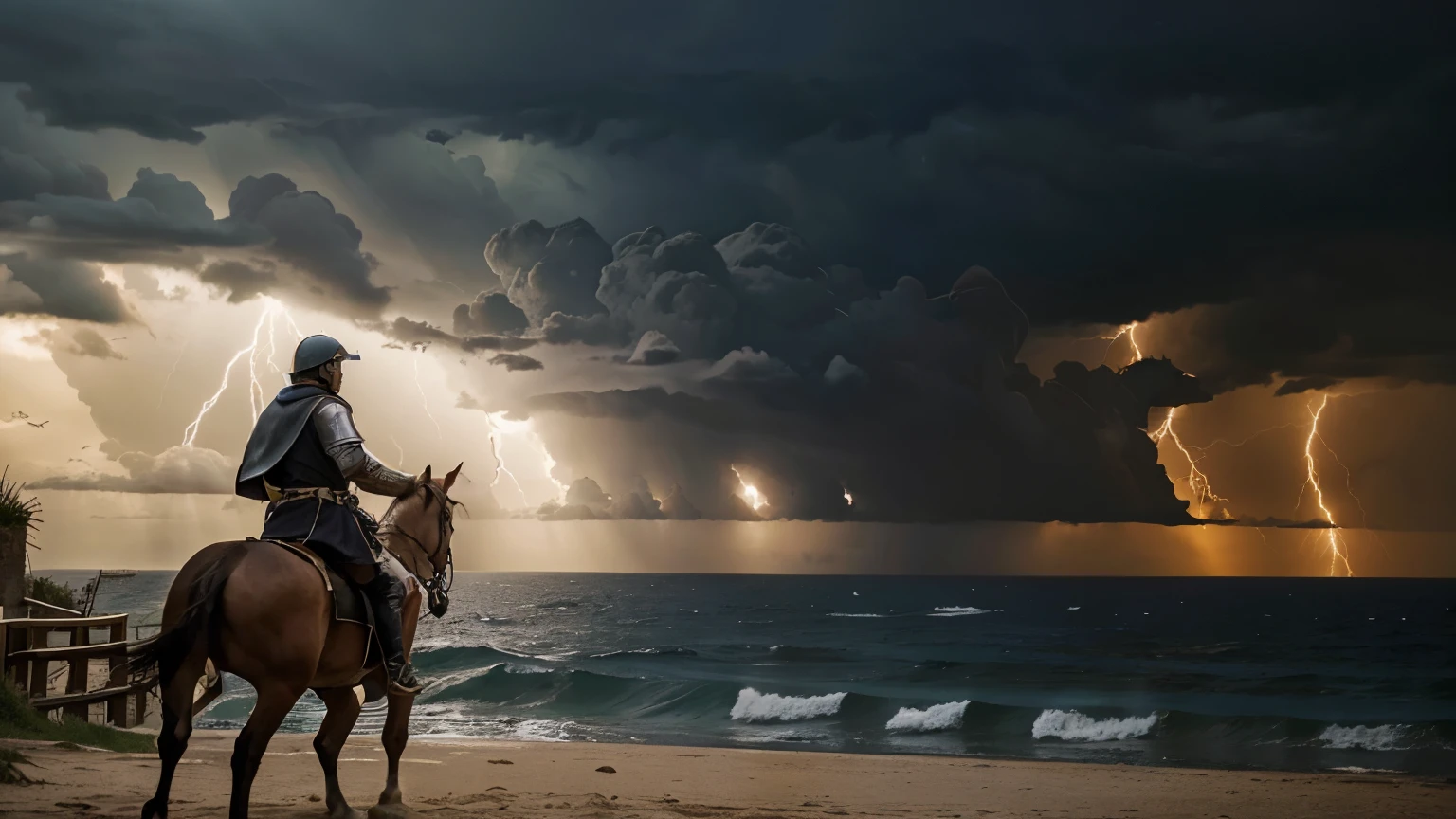 The year is 1410 A.D. Medieval castle looking out at the ocean. Crusader is riding his horse. Both crusader and horse are in full battle tenure. Weather is stormy, lightning in the sky. Extremely realistic. cinematic