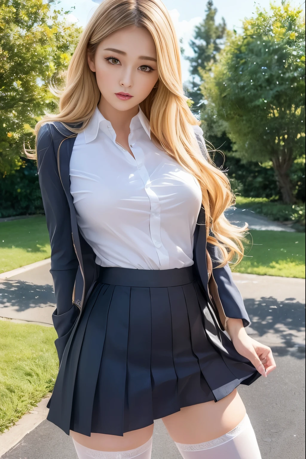 （highest quality，4k，masterpiece：1.2），Beautiful woman，1 girl，sexy：1.1，dark yellow hair：1.1，woman wearing school uniform，soaking wet uniform，No sleeve，super detailed face，lip details，fine eyes，double eyelid，miniskirt white stockings，stand up，(skirt lift), ((skirt lift by myself))，(windy upskirt)、(pants are visible、underwear is visible、Panty shot)、turn up the skirt、Full body shot，show the whole body