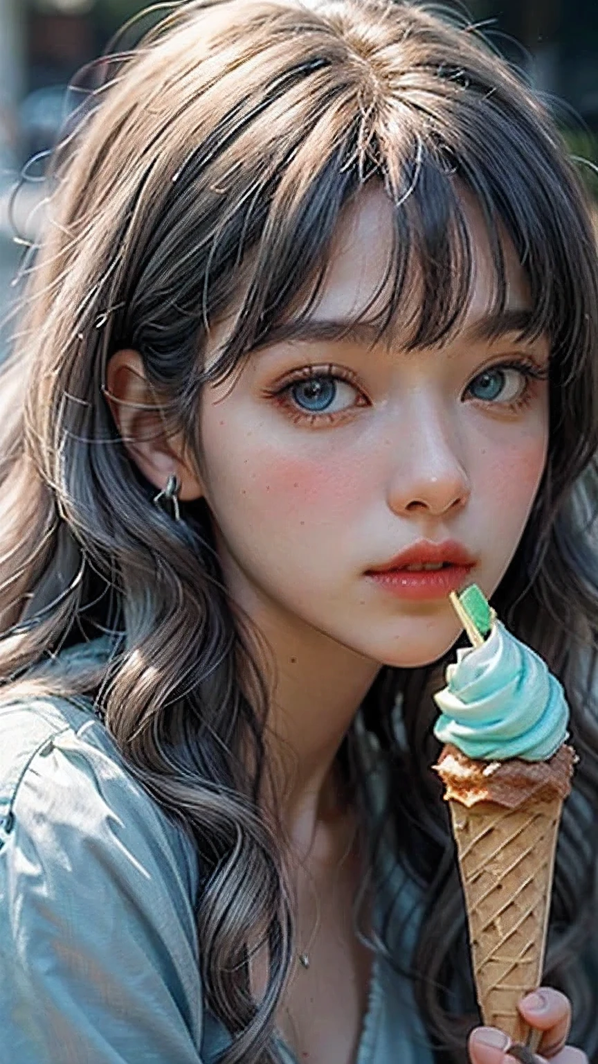 a close-up of a person holding an ice cream cone, sweet girl, woman with wavy silver hair, bangs, light blue eyes, red lips, tender green dress,