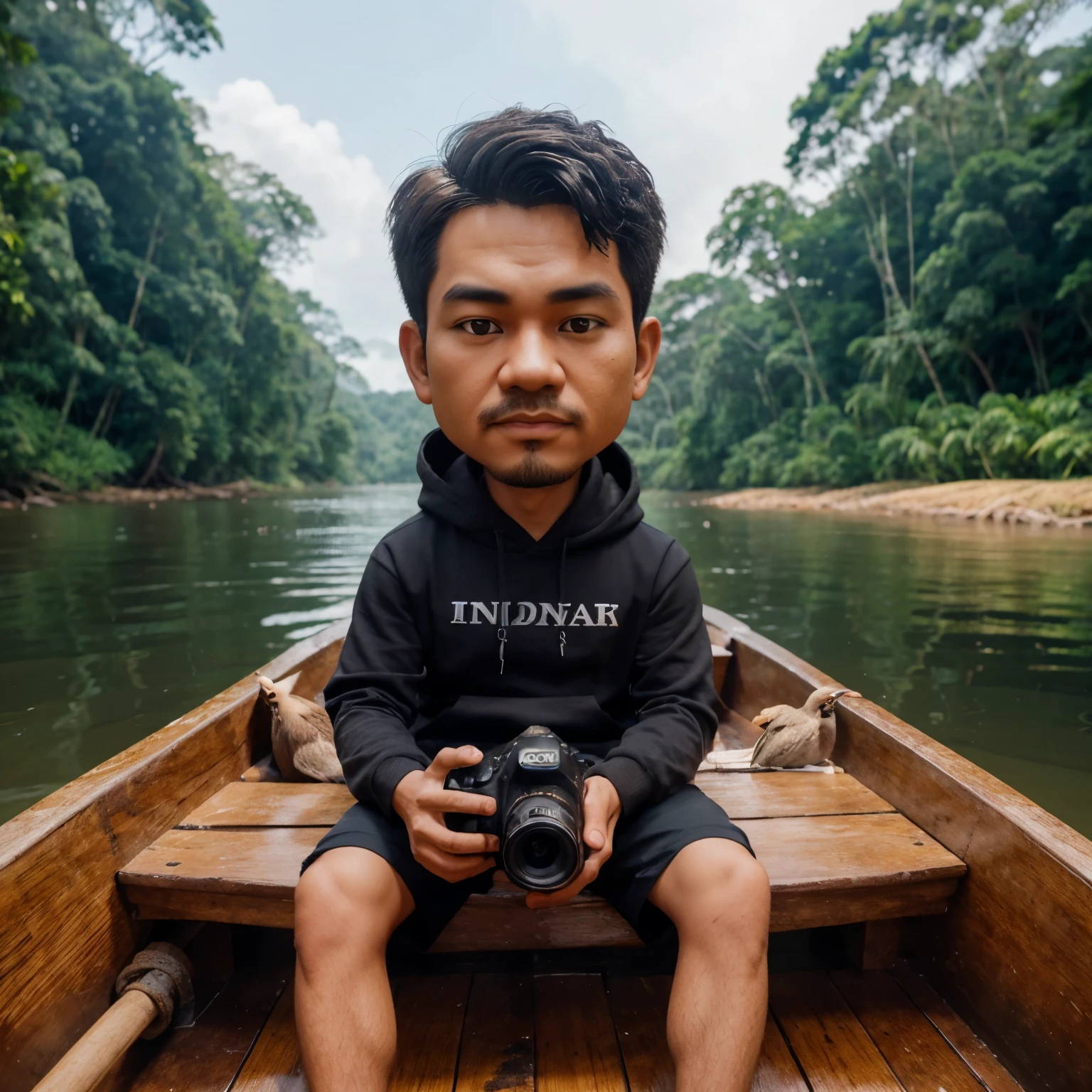 Make a 3D caricature,  a photo an Indonesian man, neat short hair, gray hoodie, black shorts, sitting in a wooden boat on the river while wearing a sony Alpha camera, the river is in  the middle of a rainforest an there are big trees, surroundedsurrounded by lost of birds,  ultra HD.