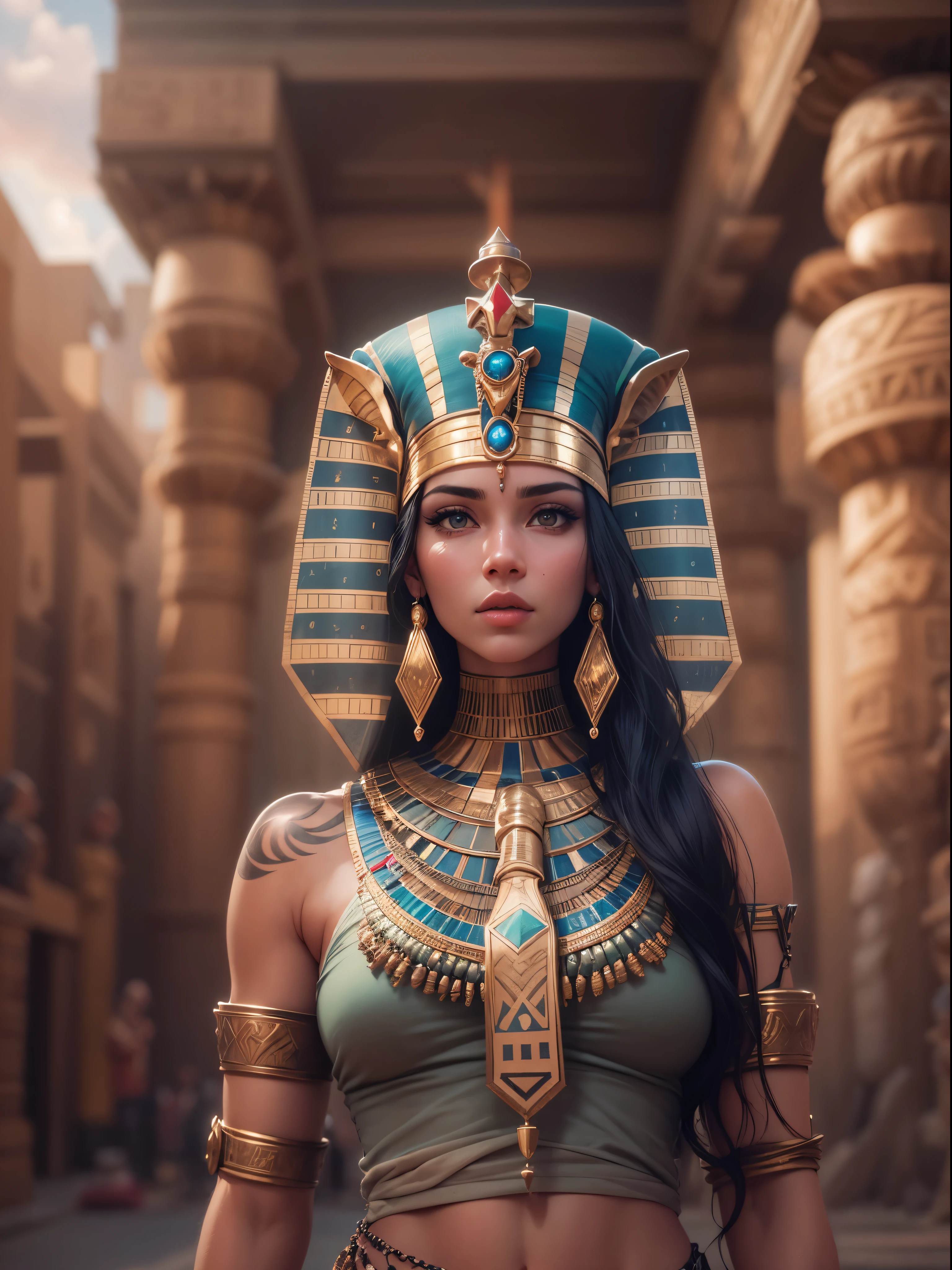 A very realistic and highly detailed photo,A beautiFul Egyptian pharaoh woman in the city oF the Future pharaoh , whole body, Costumes engraved with paintings oF pharaohs' shields, long hair, Tattoos oF hands and body, fashion pose, BeautiFul hazel eyes symmetrical details, Detailed gorgeous Face, Typical articulated objects , Advanced pharaonic environment , Combining pharaonic civilization with Futuristic technology , Excellent details, 30 miles/ore, 4k, Canon EOS 5D Mark IV digital SLR camera, 85mm lens, Sharp Focus, intricate details, long exposure time, F/8, ISO 100, Shutter speed 1/125, diFFused backlight, Winning photo, Facing camera, looking at camera, single vision, PerFect contrast, high definition, Facial-symmetry, depth oF Fields, Super detailed photography, Rez, global illumination, Tamvitamide, soft, Ultra-high deFinition, 8k, Unreal Engine 5, Ultra-sharp Focus, Winning photo, Popular topics on artstationh