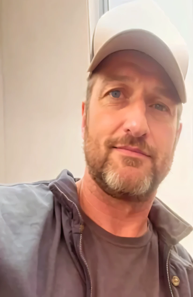 (Absurd realism, hdr, photography, realistic, real photography, masterpiece:1.1),Gerard Butler wearing a light brown shirt, realistic selfie photo, realistic photography, Instagram status, selfie, Scottish man, Scottish man in Edinburgh, hyperdetailed face, no facial hair, early morning selfie, , beautiful detailed eyes, beautiful detailed lips, extremely detailed face, long eyelashes, confident expression, trendy fashion, handsome appearance, urban city background, vibrant colors, warm lighting, photo of a 50-year-old white man, profile photo, taken in the early 2020s, profile pic, profile image, trending photo, Instagram post, scruffy looking.