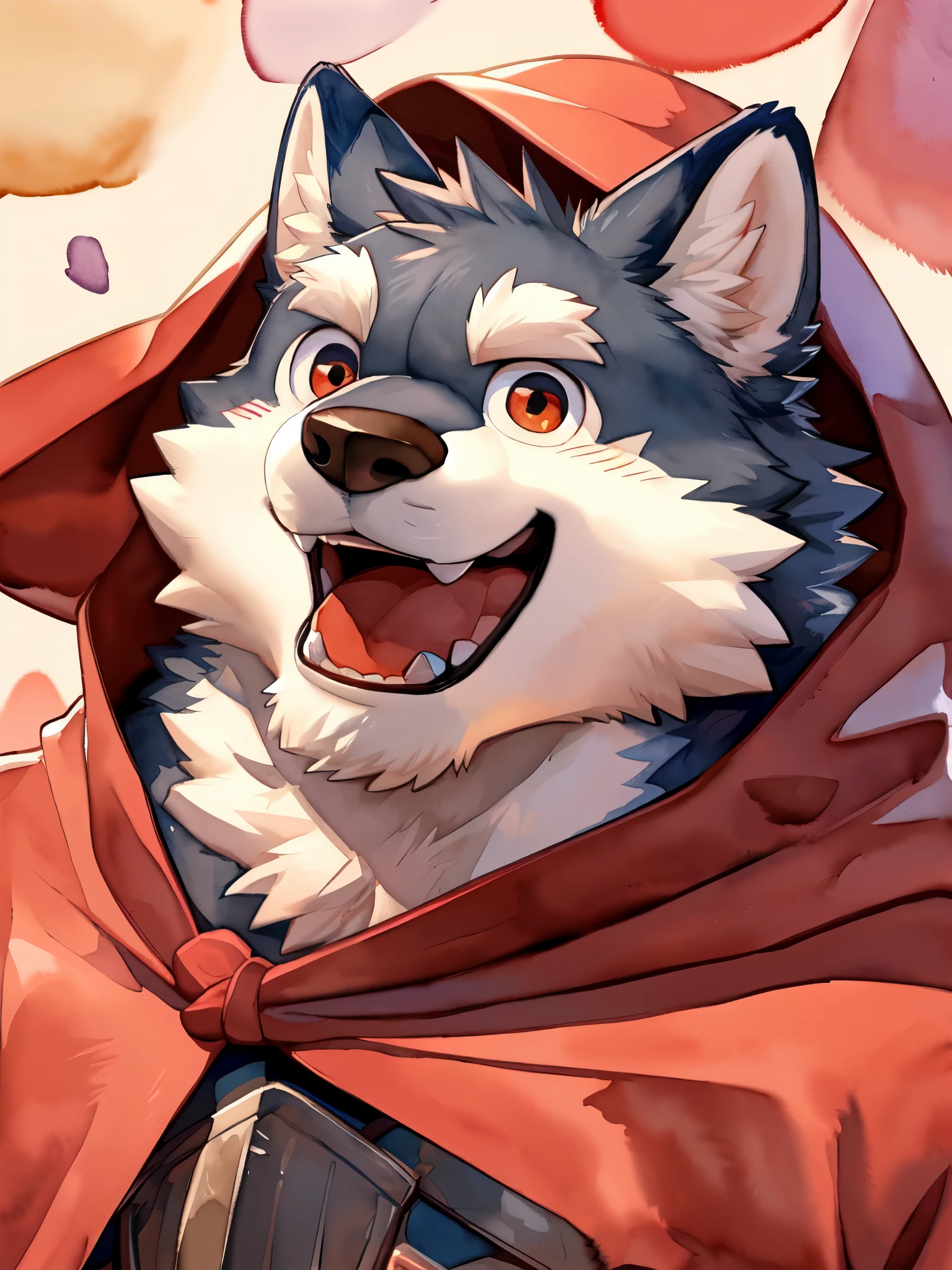 Scribble wolf face, ((cute)), anthro(wolf), (gray-black fur:1.2), comic style, white beard, white belly, (knight costume, long red cherry cloak), (close up:1.5), by takemoto arashi, by kamyuel, by milkytiger1145, by 96panda, generous smile, happy, open mouth, (watercolor \(medium\), IrisCompiet:1.2),front view, face focus, abstract background, fantasy, many colors, colorful, 