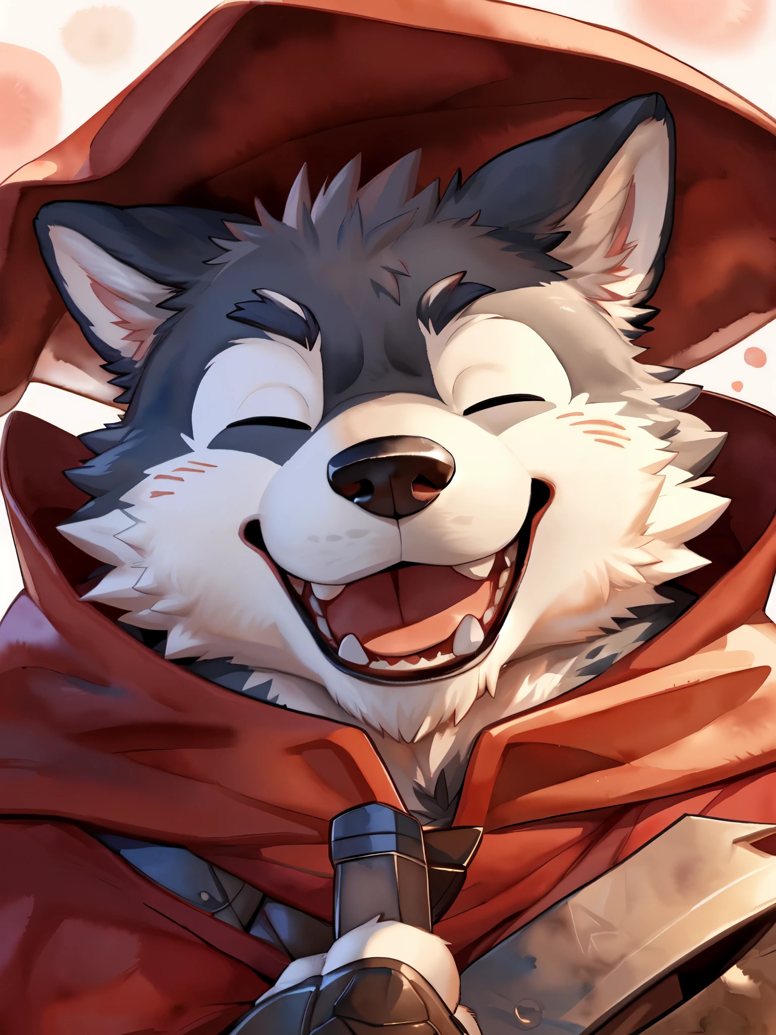 Scribble wolf face, ((cute)), anthro(wolf), (gray-black fur:1.2), comic style, white beard, white belly, (knight costume, long red cherry cloak), (close up:1.5), by takemoto arashi, by kamyuel, by milkytiger1145, by 96panda, generous smile, happy, open mouth, (watercolor \(medium\), IrisCompiet:1.2),front view, (closed eyes blinking:1.5), face focus, abstract background, fantasy, many colors, colorful, 