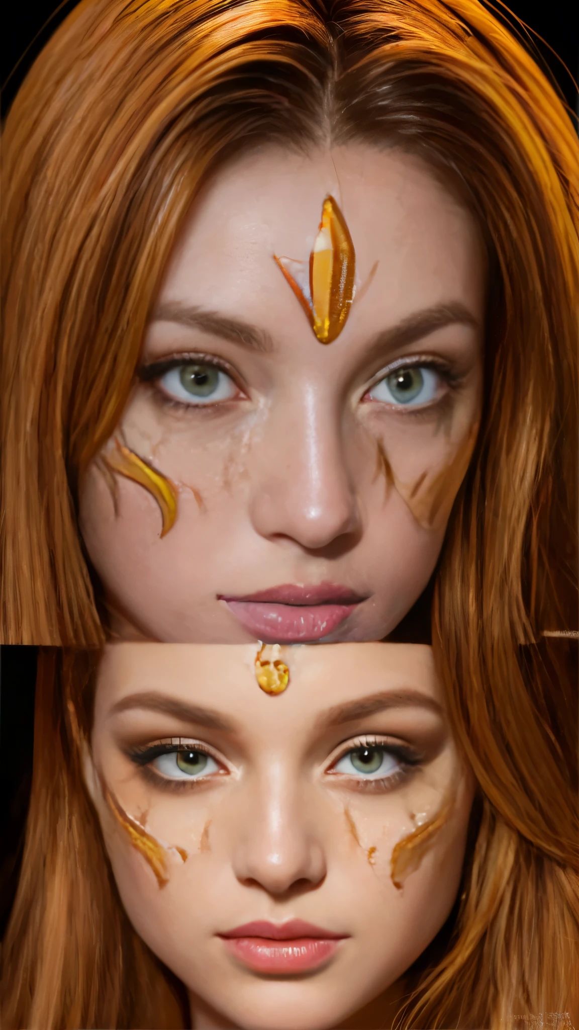(((masterpiece))), (((highest quality: 1.4))), ((Super detailed: 1.4)) , Highly detailed gouache painting of a female tiefling, gorgeous exotic features, amber neon eyes:1.5, orange hair, highly detailed facial features, expressive face, detailed texture, blue skin tone, tattoo, natural skin shader, Volumetric, There's a warm tone beneath her skin, ultra high resolution