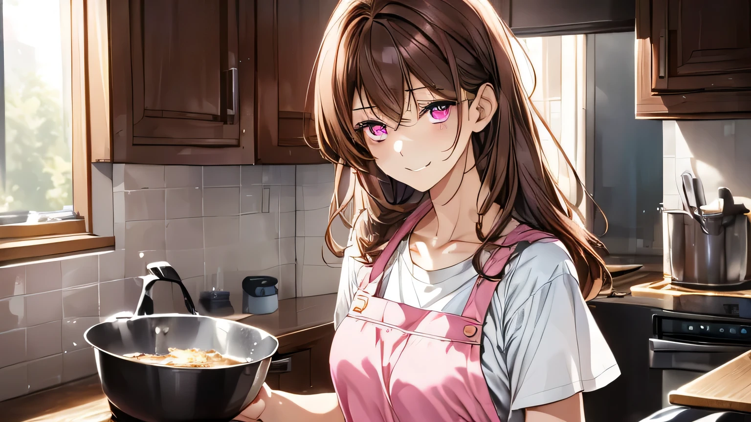 1 female、28 years old、Adult and realistic face、long face、beautiful hair、brown hair、shortcut、fine and beautiful eyes、pink eyes、big slanted eyes, Are you okay、A big smile full of softness、T-shirt、apron、、Home Kitchen、cook alone、can'don't show me my hands