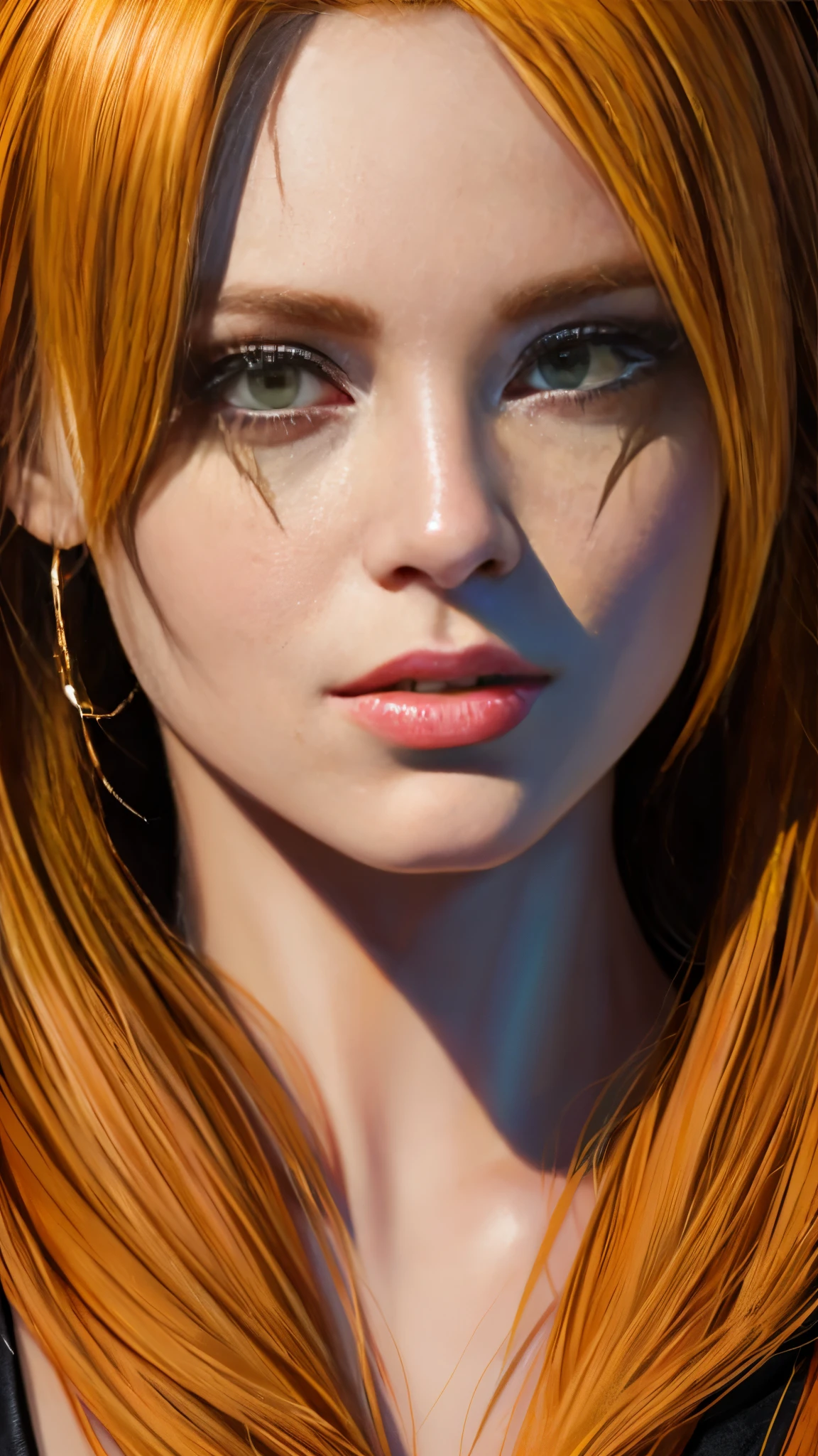 (((masterpiece))), (((highest quality: 1.4))), ((Super detailed: 1.4)) , Highly detailed gouache painting of a female tiefling, gorgeous exotic features, amber neon eyes:1.5, orange hair, highly detailed facial features, expressive face, detailed texture, blue skin tone, tattoo, natural skin shader, Volumetric, There's a warm tone beneath her skin, ultra high resolution