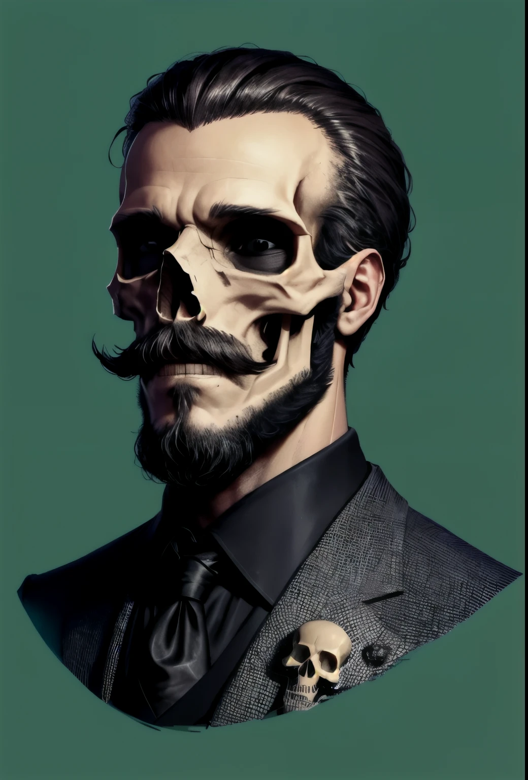 a close up of a skull with a beard and a mustache, Esqueleto in a suit, eerie altamente detalhado, the head of the man is a skull, retrato de um zumbi, his head is a skull, ((skull)), skull like, ( ( ( Esqueleto ) ) ), skull on the screen, esqueleto, [ arte digital ]!!, Horror!! altamente detalhado