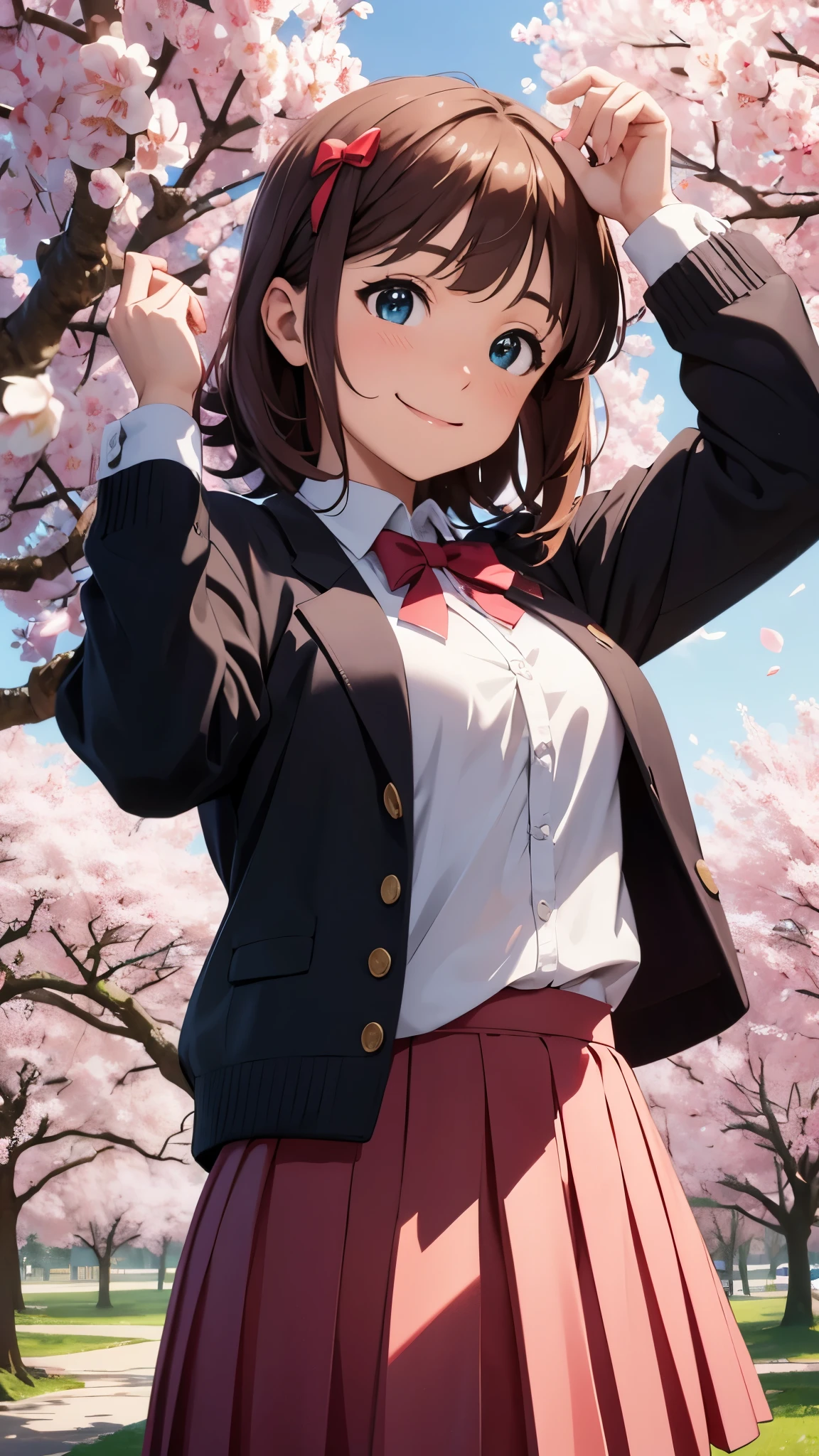 CG, unity, 8k, wallpaper, highest quality, masterpiece, haruka amami, (smile: 1.2), fold your hands and bring them in front of your chest, school uniform, long sleeve, best lighting, complex pupils, complex textile, detailed background, under the cherry tree, Cherry blossom petals are dancing around, (view from below: 1.1)