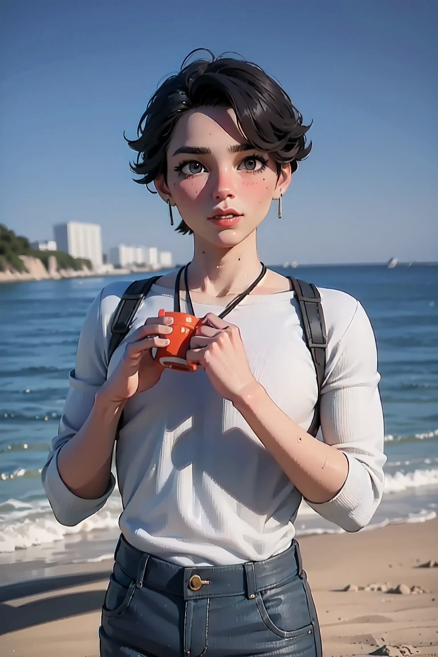 (Handsome man with short hair:1.2) , beach ,3D